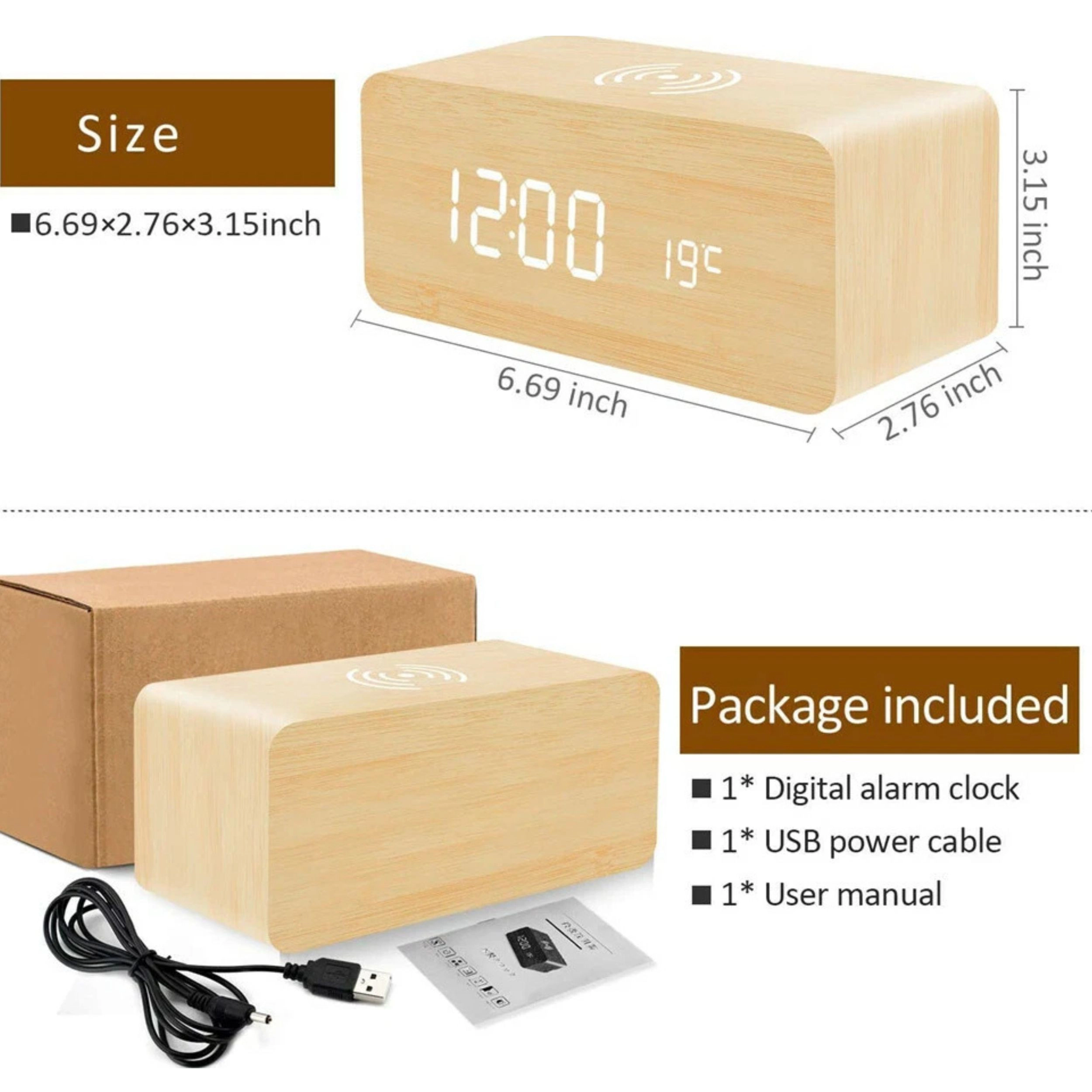 Home Collection Wooden LED Alarm Clock with Qi Wireless Charger & Thermometer