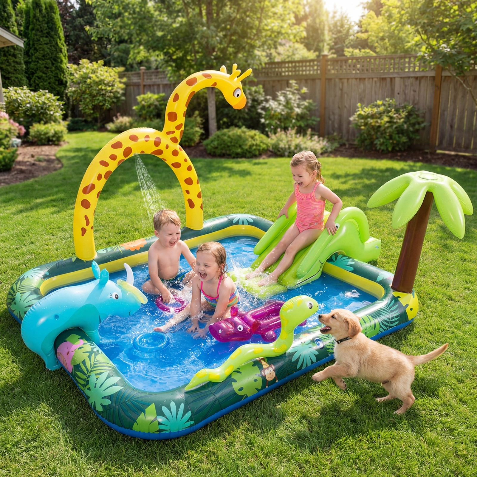 SUGIFT Giraffe Sprinkler and Ring Toss Game Kids Inflatable Jungle Spray Pool with Slide