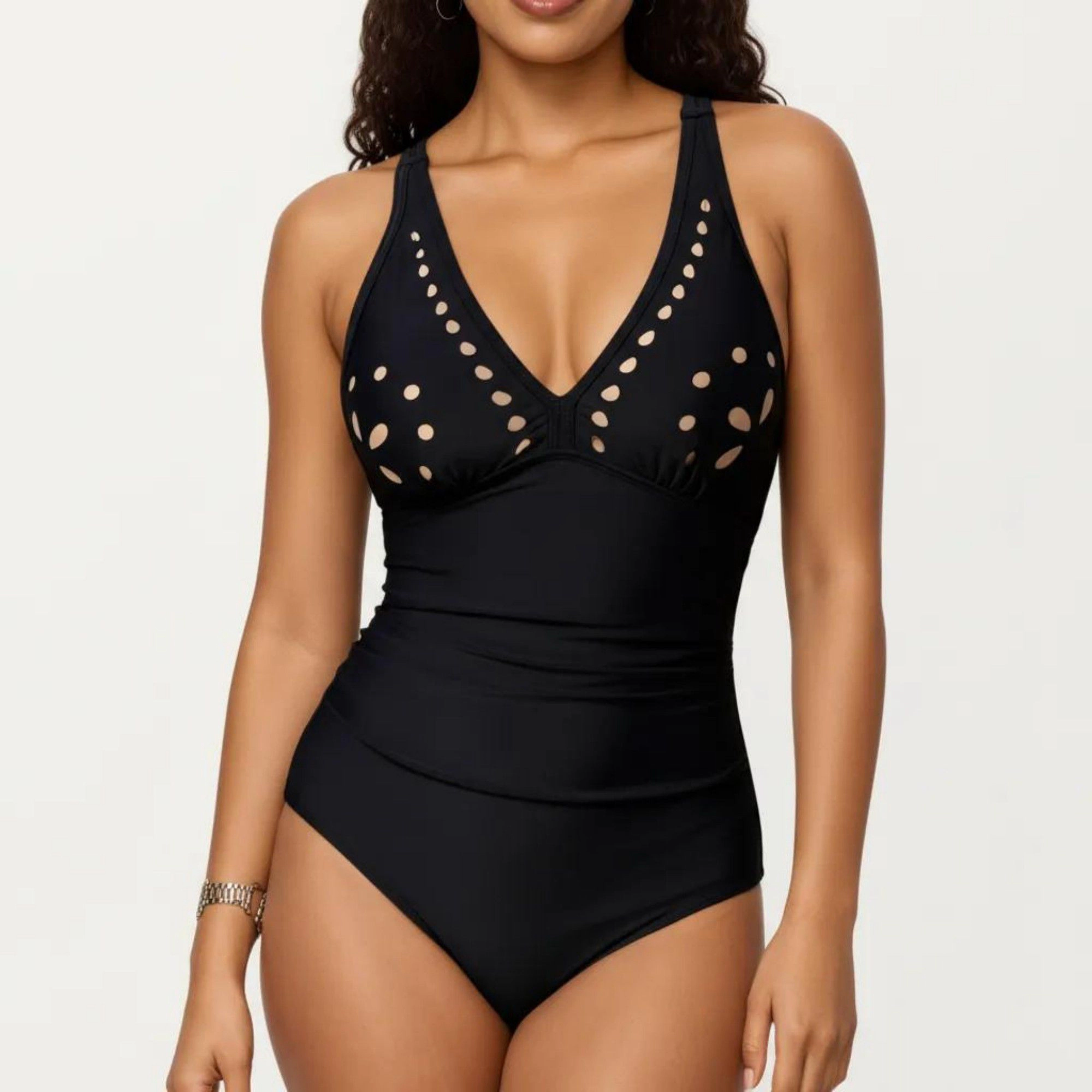 Anna-Kaci Women One Piece Swimsuit V-Neck Laser Cut Detail Contoured Fit