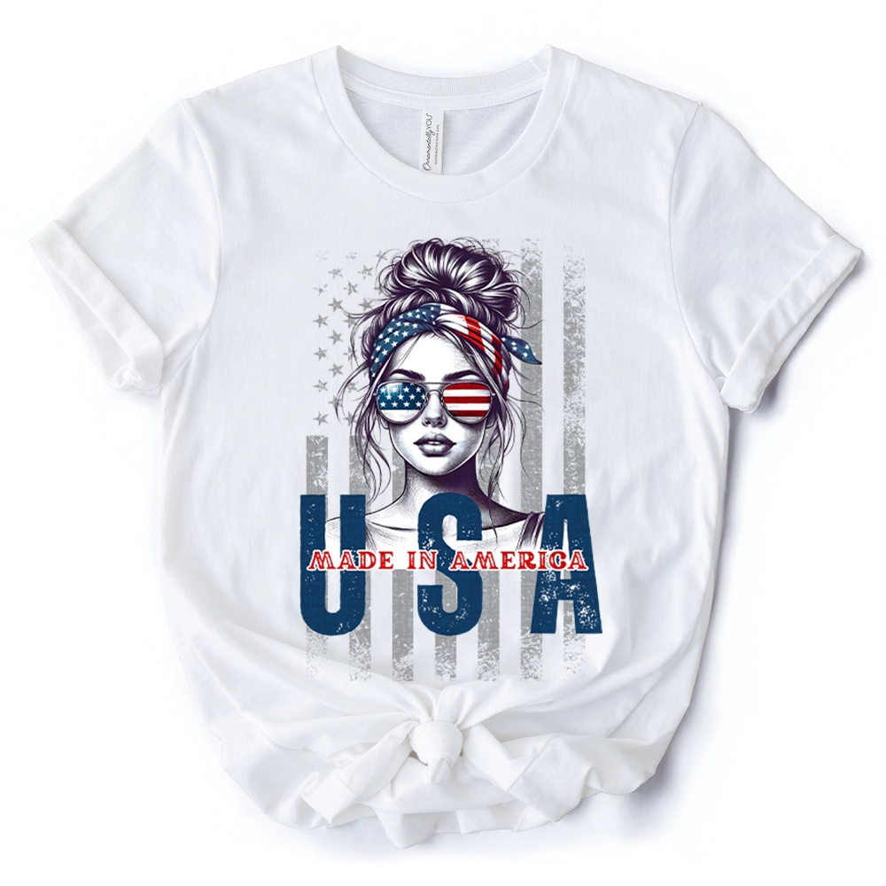 OrnamentallyYou Womens Made America Messy Bun 4th Of July T-Shirt