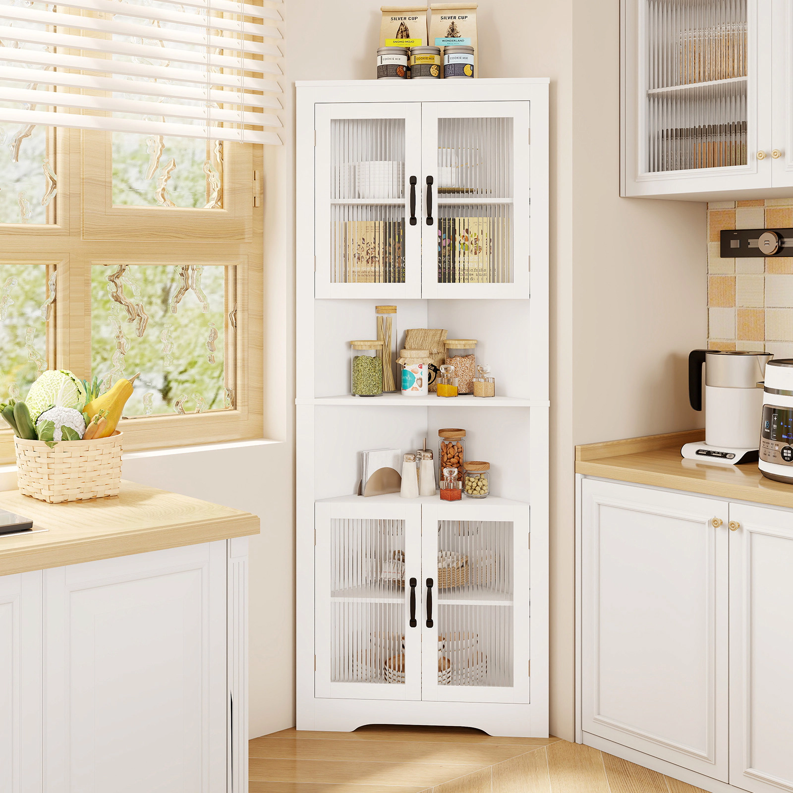 Glintex 67-Inch Corner Cabinet with Tempered Glass Doors and 2 Open Shelves, White