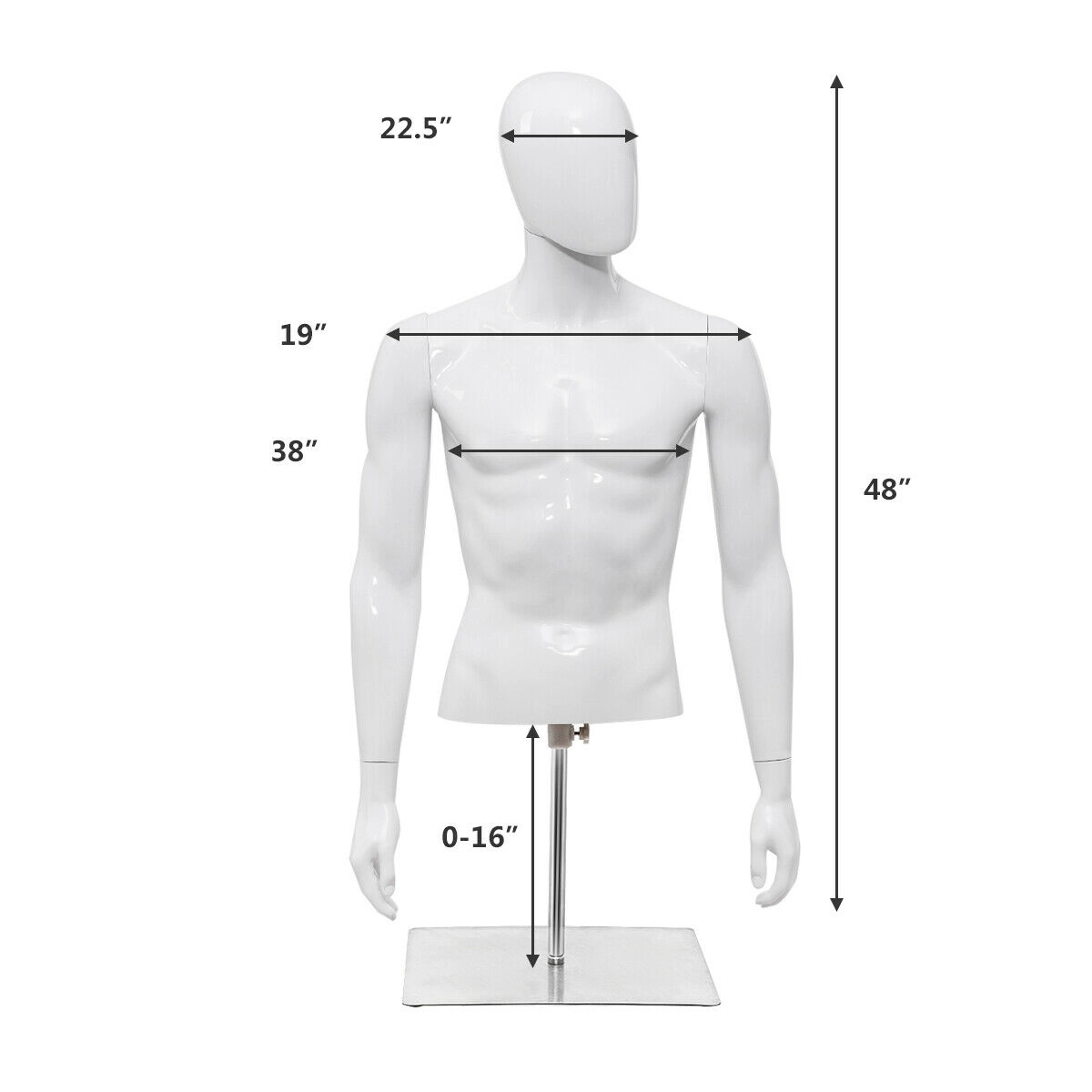 SUGIFT Mens 42.5-in to 52-in Adjustable Rotating Head Metal Base Half Body Mannequin 19-in Shoulder 12-lb White