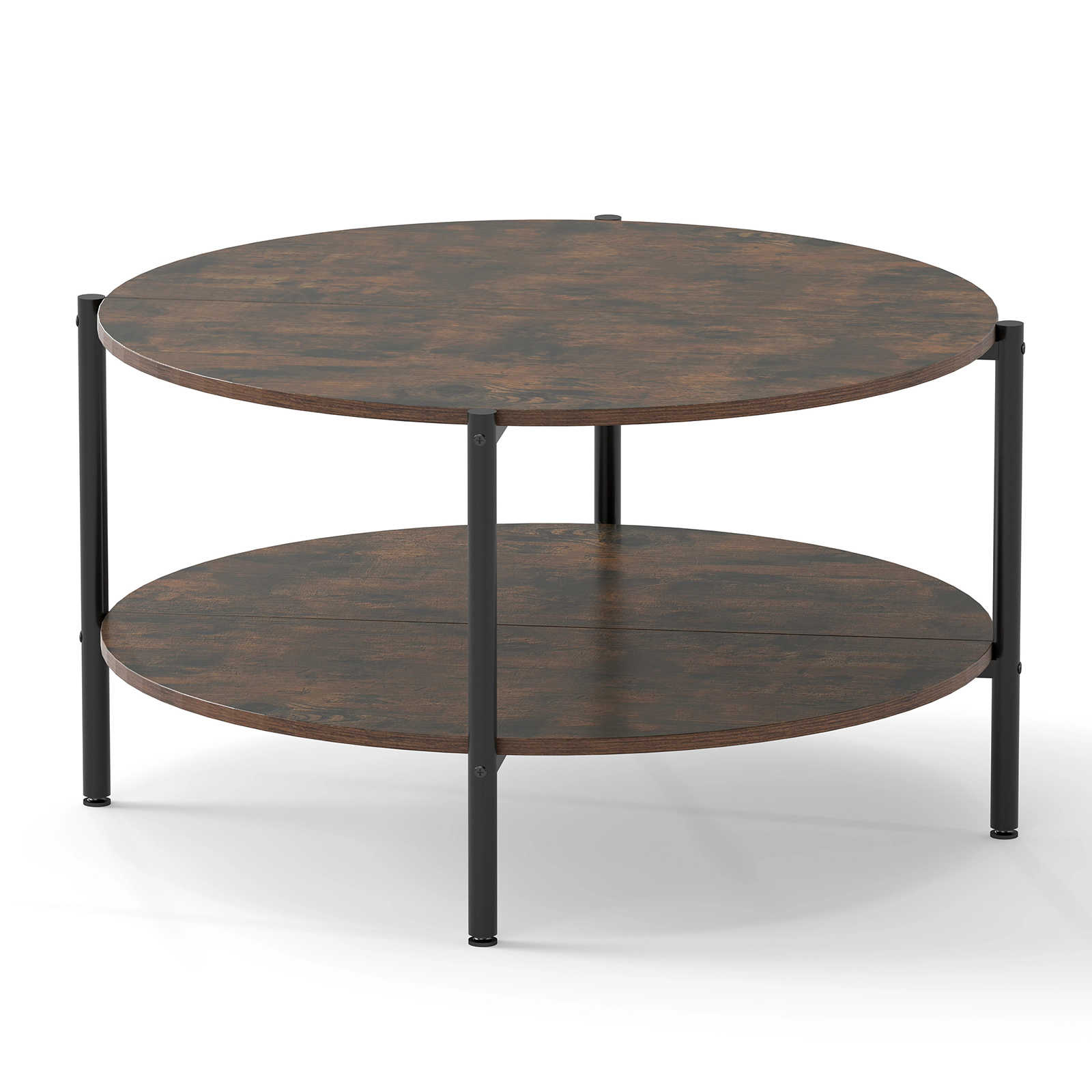 SUGIFT 2-Tier Round Coffee Table with Open Storage Shelf 200-lb Capacity Engineered Wood and Metal Rustic Brown