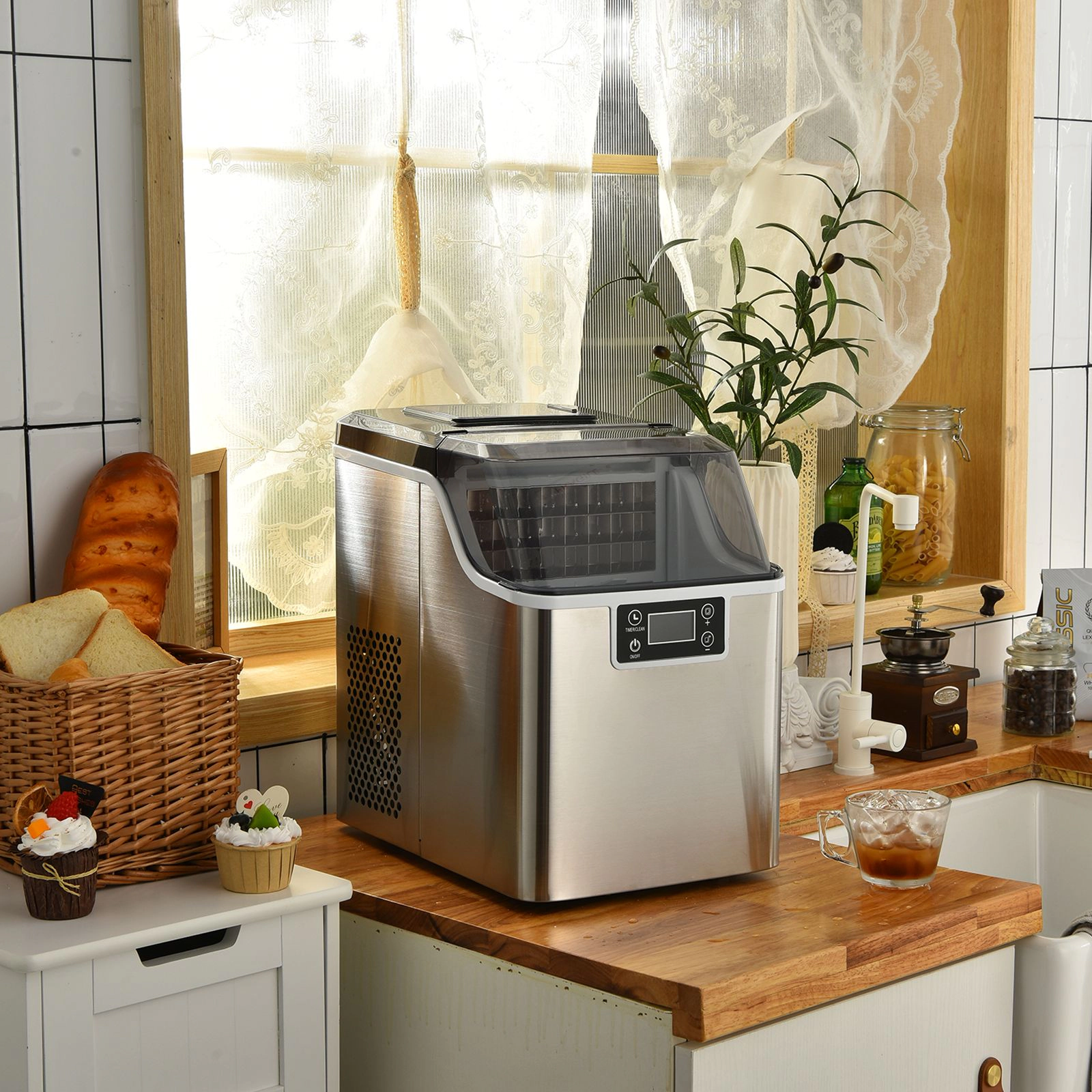 SlickBlue Silver Countertop Ice Machine, 40 Lbs Daily, 3.2L Reservoir, Square Ice, 24H Timer