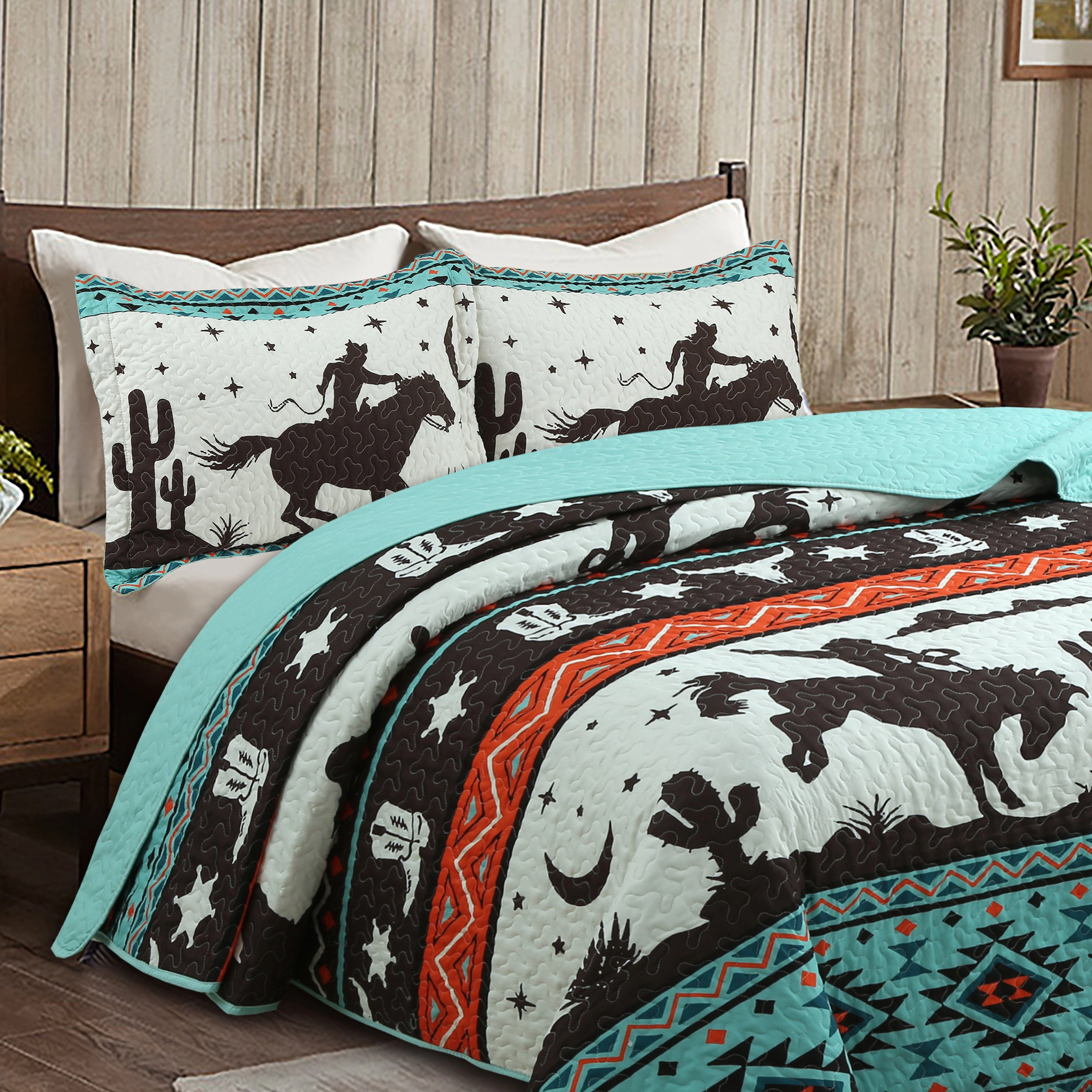 MarCielo 3 Piece Southwestern Cowboy Quilt Set - Western Horse Bedspread Set