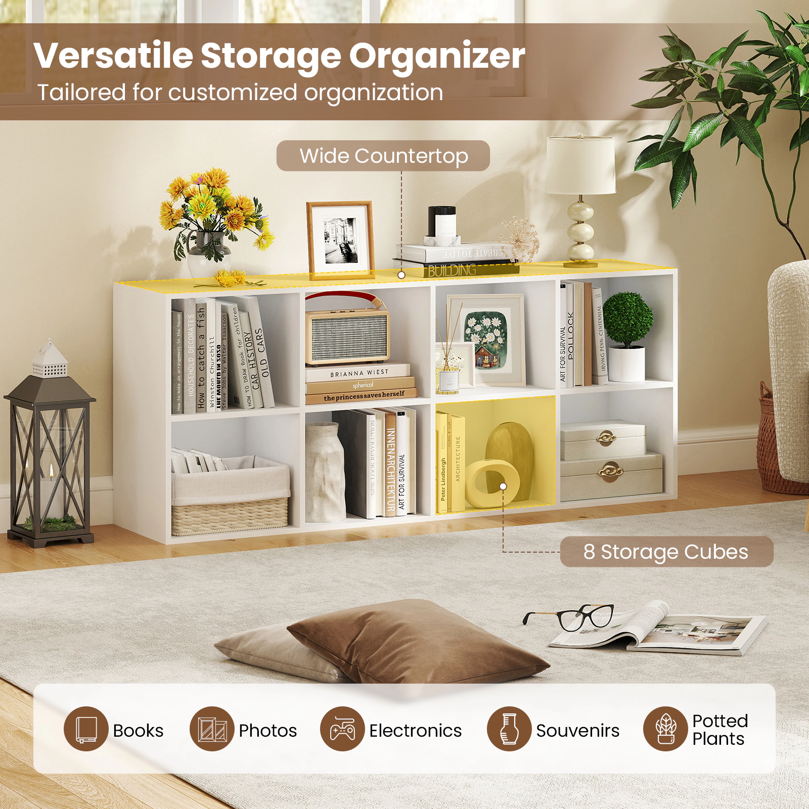 SUGIFT 8-Cube White 48-in Wide Cube Storage Organizer Bookshelf with 180-lb Top and 2 Anti-Tipping Kits