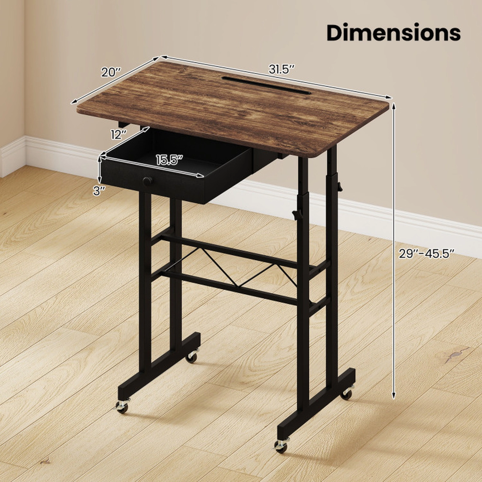 SUGIFT Height Adjustable Laptop Standing Desk with Fabric Drawer and Tablet Holder 45-lb Tabletop Rustic Brown