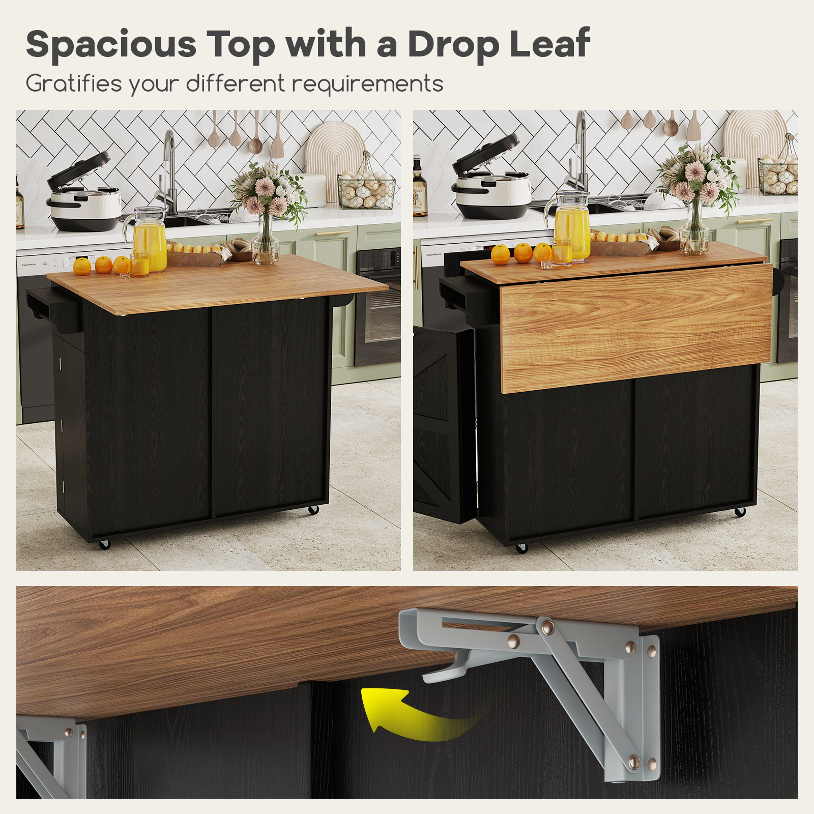SUGIFT Rolling Kitchen Island with Drop Leaf Top Trash Can Cabinet and Rubber Universal Wheels 440-lb Capacity Black