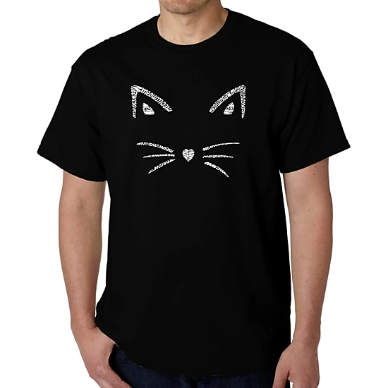 LA Pop Art Men's Word Art T-Shirt - 100% Cotton Crew Neck Short Sleeve, 'Whiskers' Meow Design