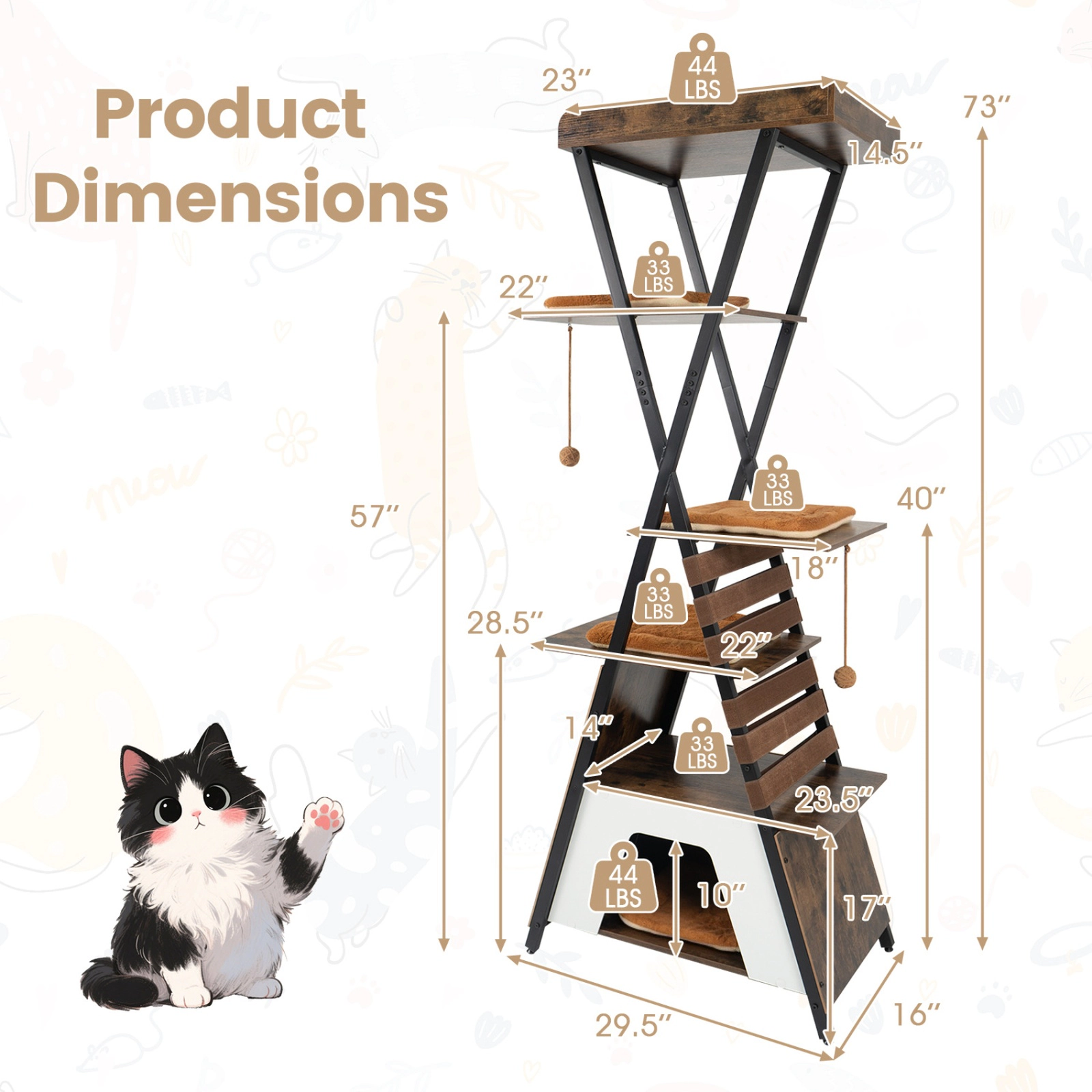 SUGIFT Rustic Brown X-Frame Metal Base and 27 in Condo 73 in Cat Tree