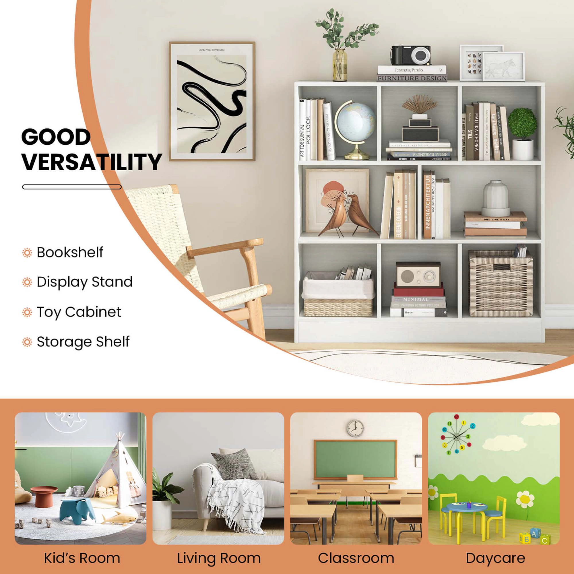 Costway 8-Cube Bookcase 41" Wooden Toy Storage Organizer for Kids Bookshelf White