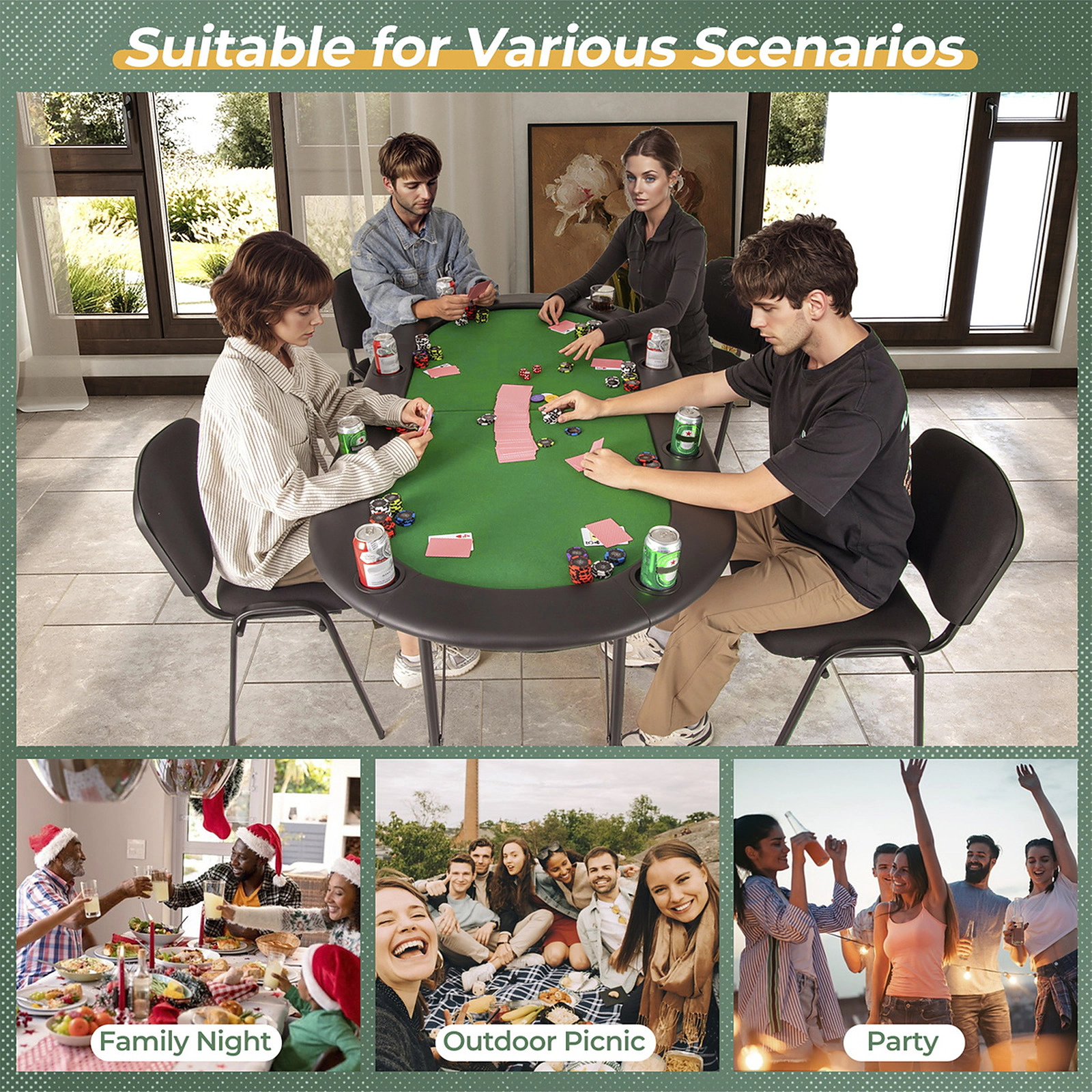 SUGIFT Green 8-Player Foldable Poker Table with 8 Cup Holders and Padded Armrests 72-in W 36-in D 30-in H