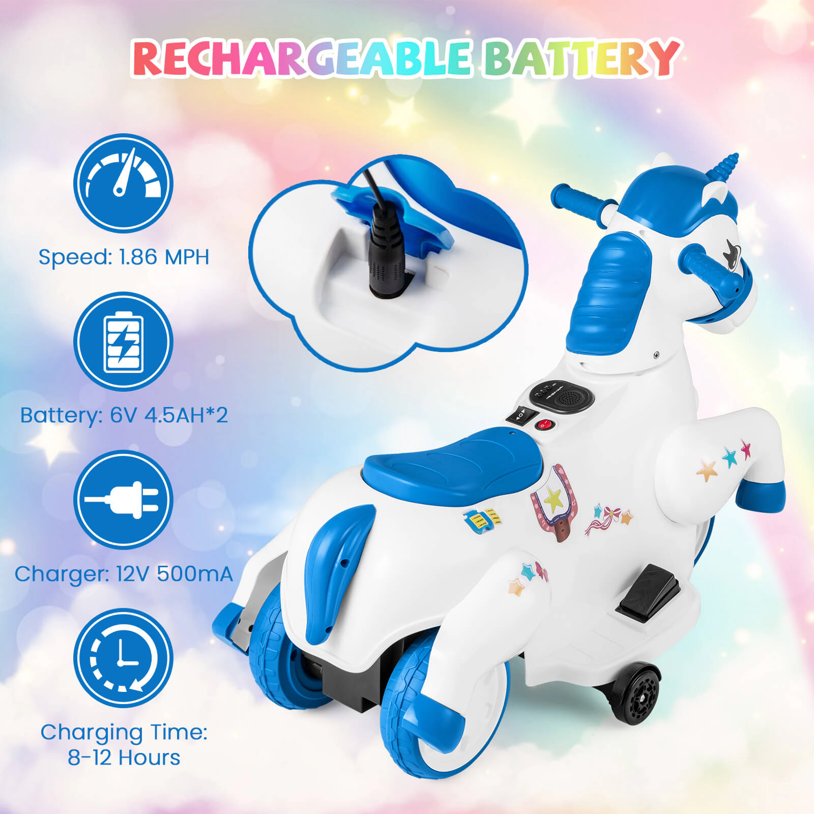Costway 12V Kids Ride on Unicorn Toy w/ Training Wheels Music One-button Start Horse