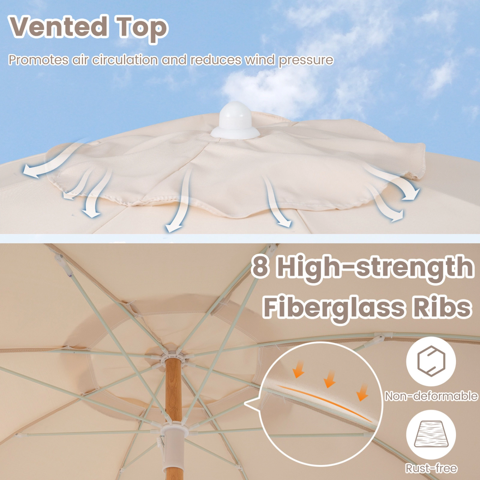 SUGIFT 6-ft Fringe Patio Umbrella with Push Button Tilt, Vented Canopy and Wood Pole 7.4-ft Tall 1.3-in Pole White