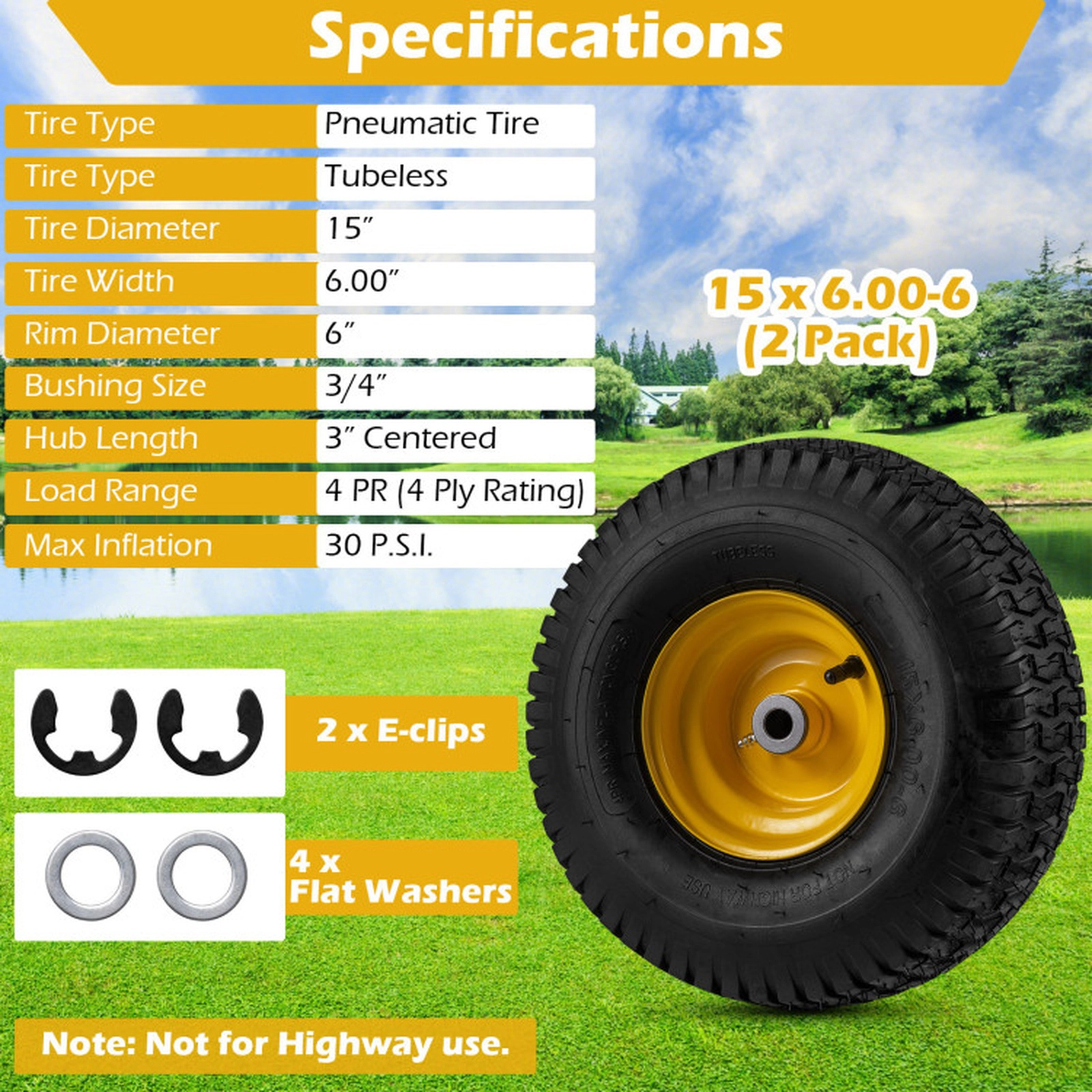 SUGIFT Set of 2 Tubeless Pneumatic 4-Ply Lawn Mower Tires 15 x 6.00-6 15-in Diameter 6-in Rim 30-PSI 440-lb Yellow