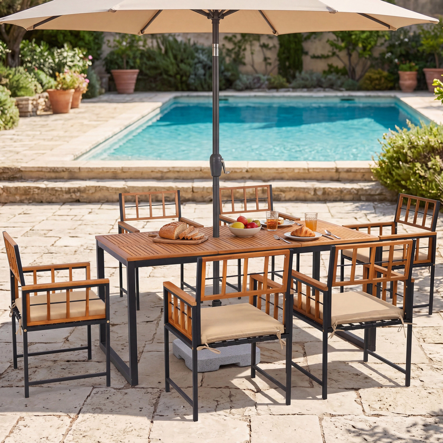 LJG 7-Piece Outdoor Dining Set with Acacia Wood Table & Chairs and Umbrella Hole