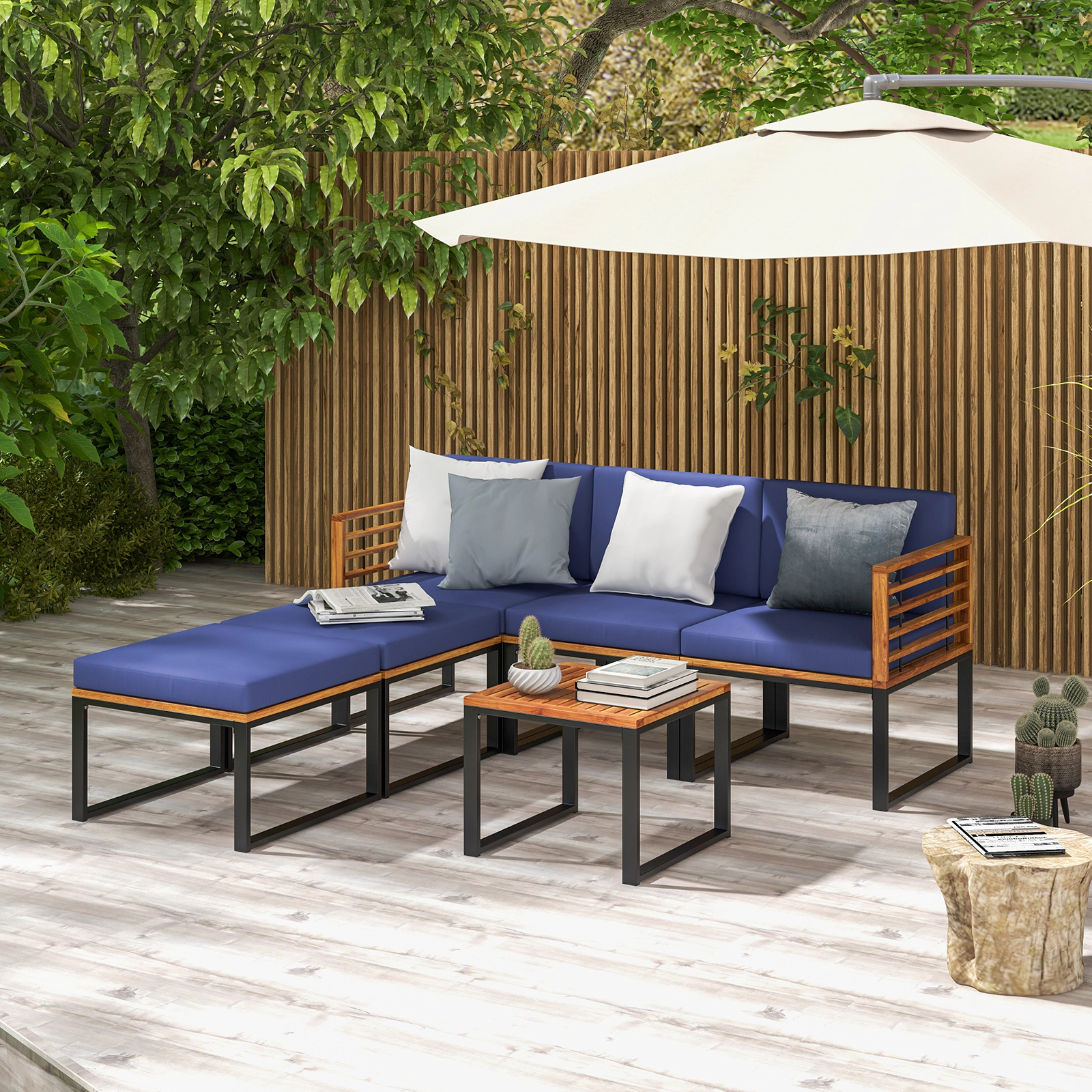 SUGIFT 6-Piece 400-lb Seat Capacity Navy Acacia Wood Patio Sectional Sofa Set with 2 Ottomans and Table