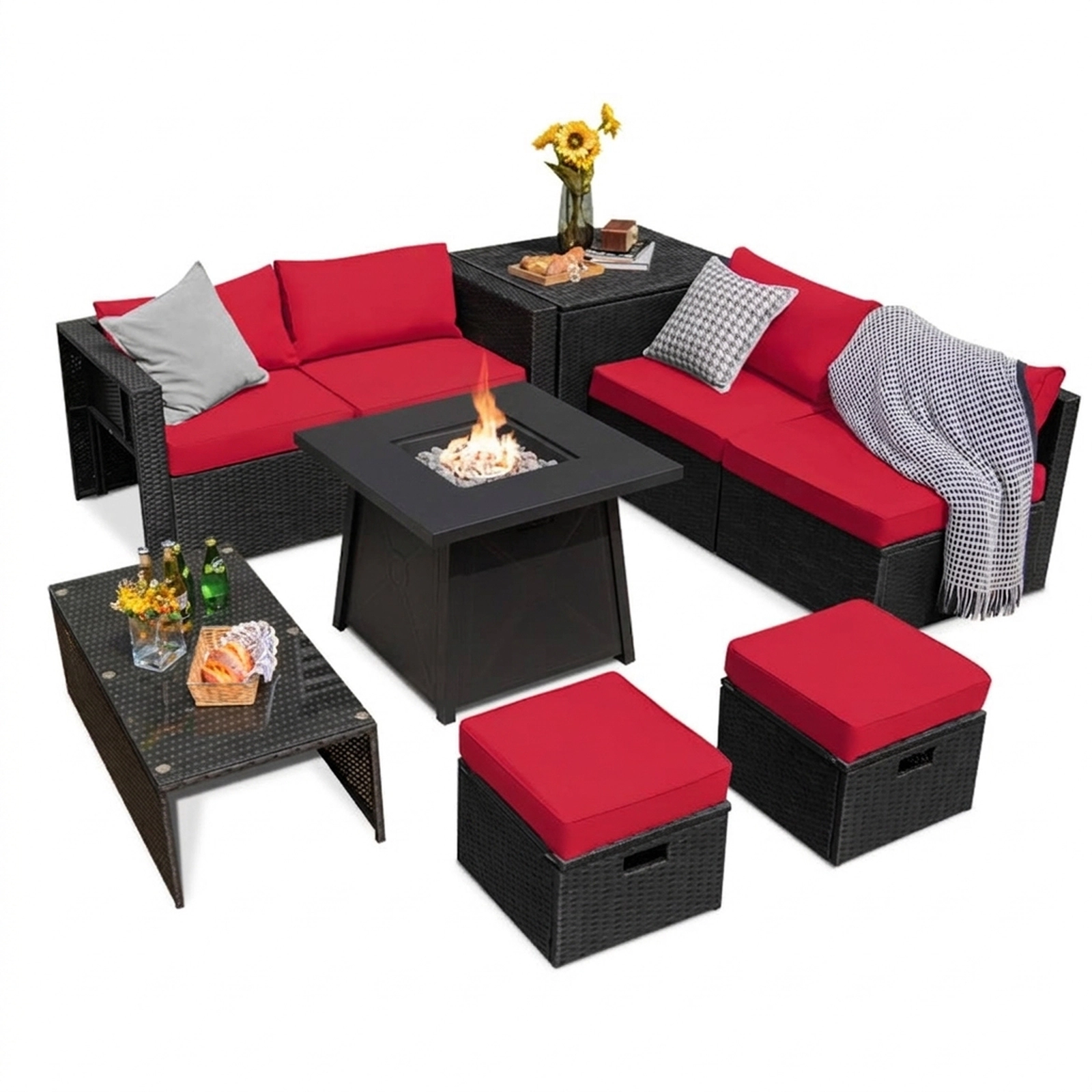 SUGIFT 9-Piece Red Patio Rattan Set with 30-in Propane Fire Pit Table and Dust Cover 220-lb Table Capacity