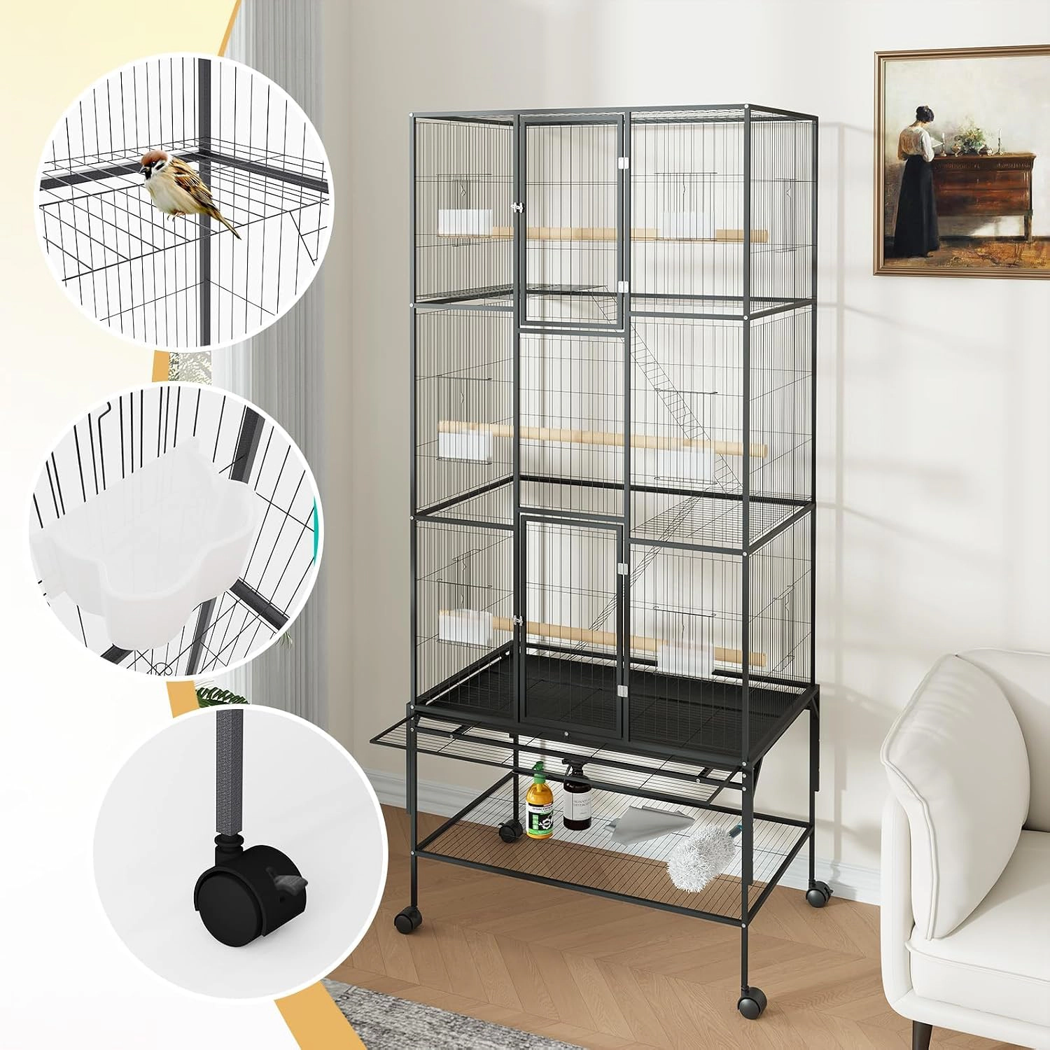 69-Inch Tall Large Metal Parrot Bird Cage, Rolling Stand Flight Aviary for Pet Parrots, Black