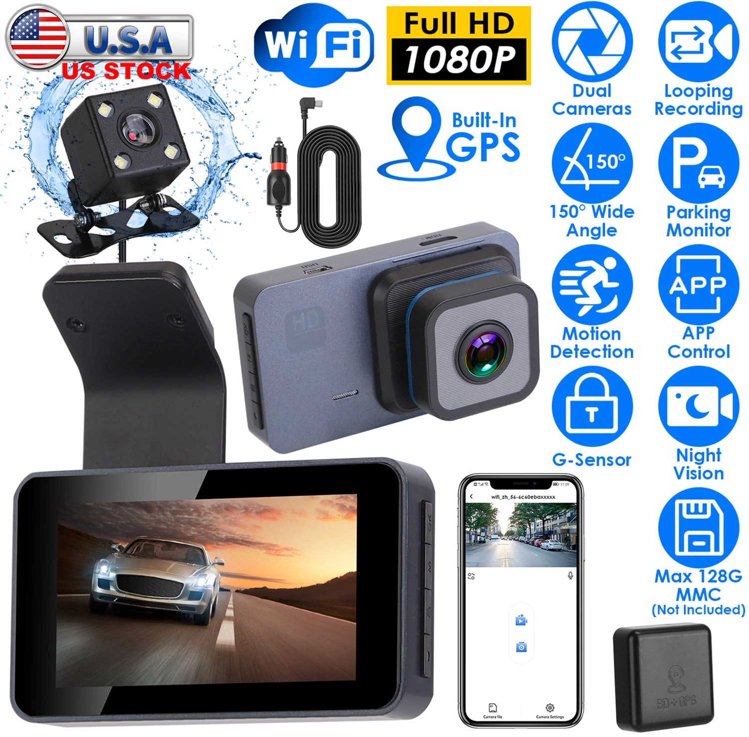 GBruno 1080P Dual Lens Dash Cam With WiFi GPS