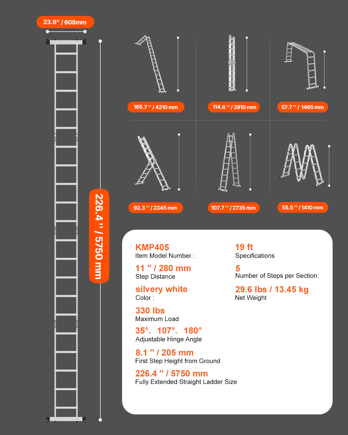 HONGGE Multi-Purpose Folding Ladder, 7-in-1 Tall Step Ladder, A Frame Step Telescoping Ladder
