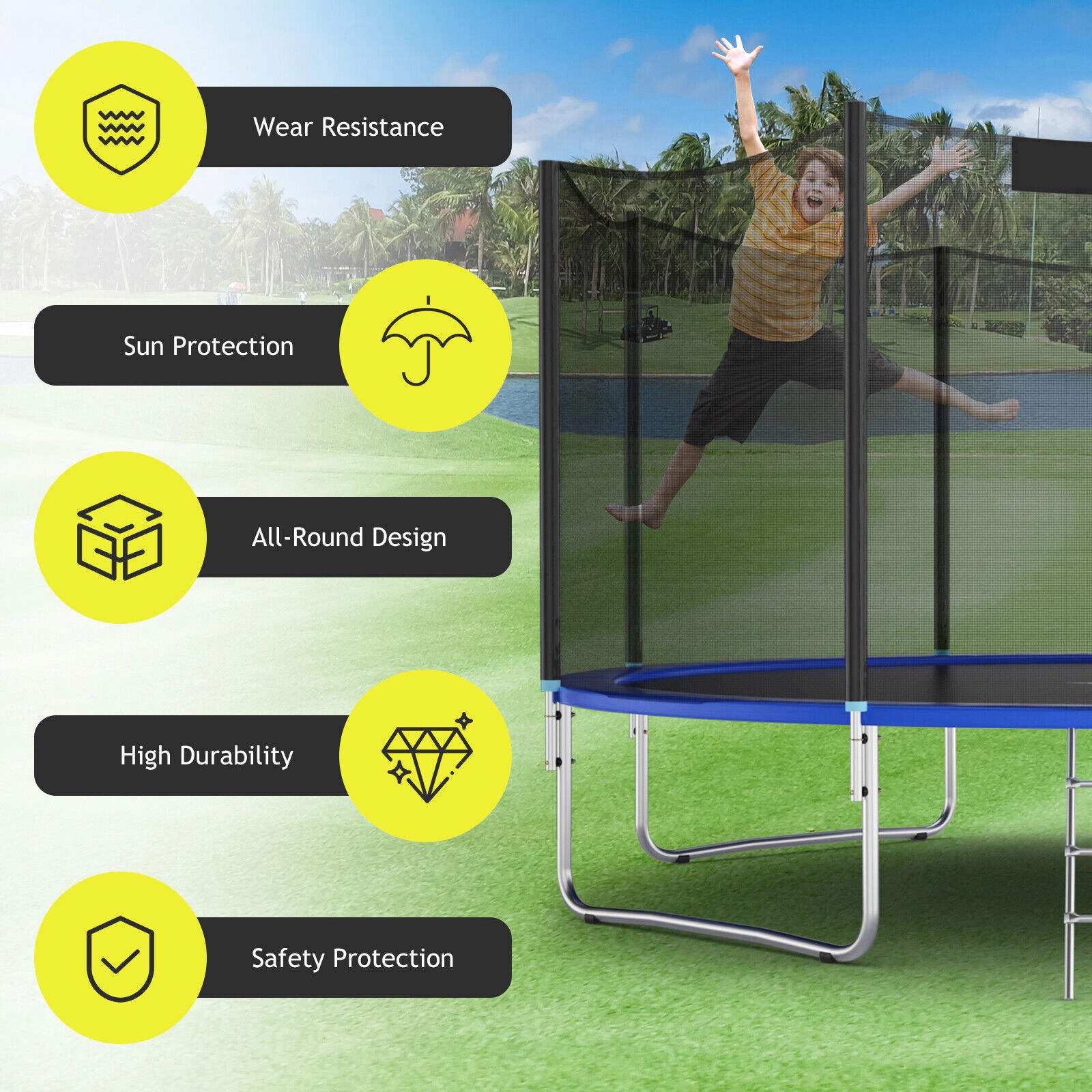 16-ft Trampoline Net Replacement 6-ft Tall Enclosure for 12 Straight Poles to 2.15-in Double-Zipper Door Black