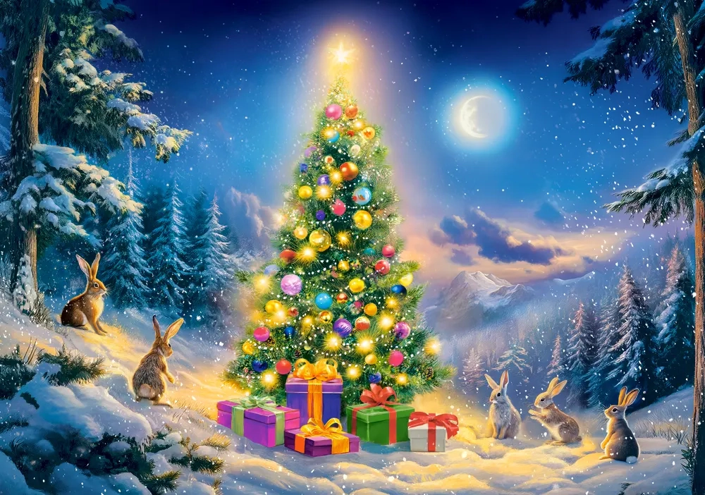 CASTORLAND 500 Piece Jigsaw Puzzles, Christmas Eve, Glowing Christmas Tree & Bunnies in Snow, Holiday Vibes, B-54244
