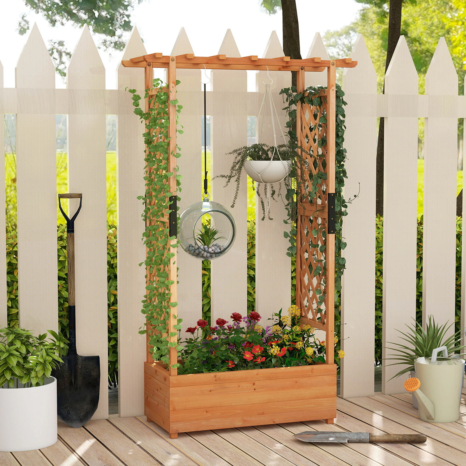 SlickBlue Wooden Raised Garden Bed with Roof Trellis Planter Box