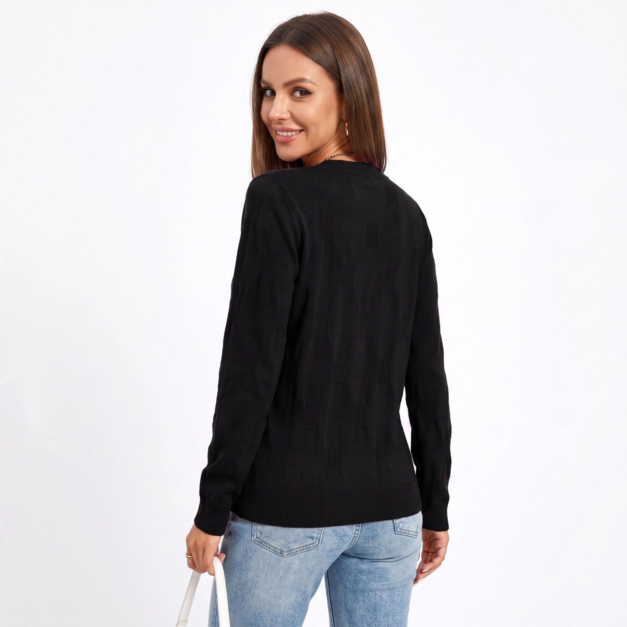 Anna-Kaci Women's Textured Geometric Crew Neck Long Sleeve Knit Sweater