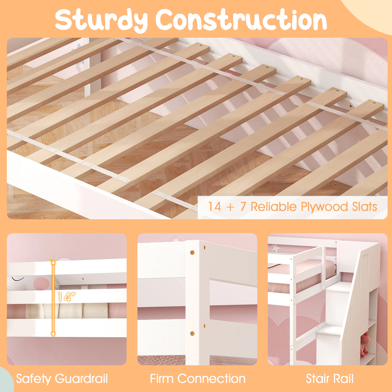 SUGIFT White 4-Step Storage Stairs Trundle and Guardrail Kids Wood Bunk Bed