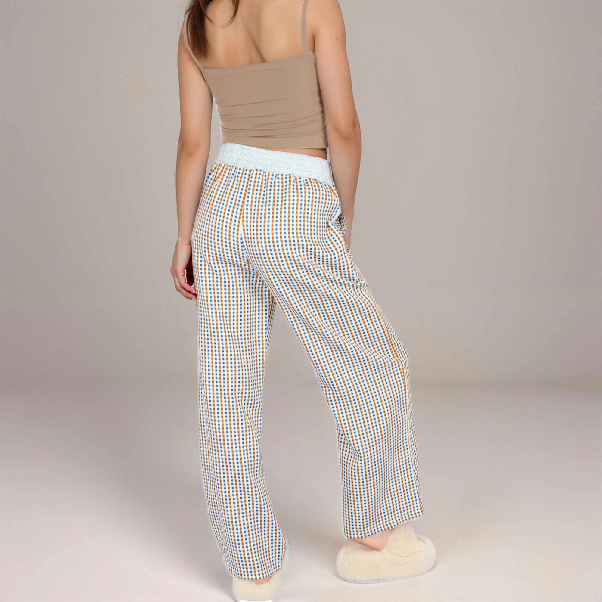 Anna-Kaci Women's Red Vertical Stripe Wide Leg Pants with Smocked Waistband Contrast Plaid Detail and Full-Length Fit