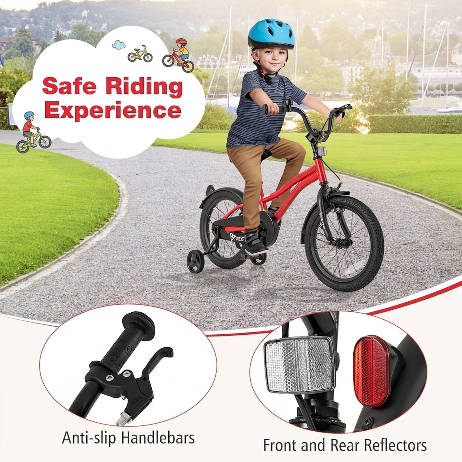 16-in Kids Bike with Detachable Training Wheels Non-Slip Pedals Reflectors and Bell for Ages 4-7 Adjustable Kids Bicycle