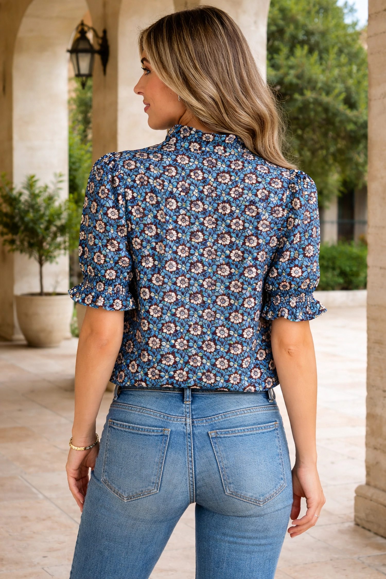 Threaded Pear Chelsea Short Puff Sleeve Floral Blouse