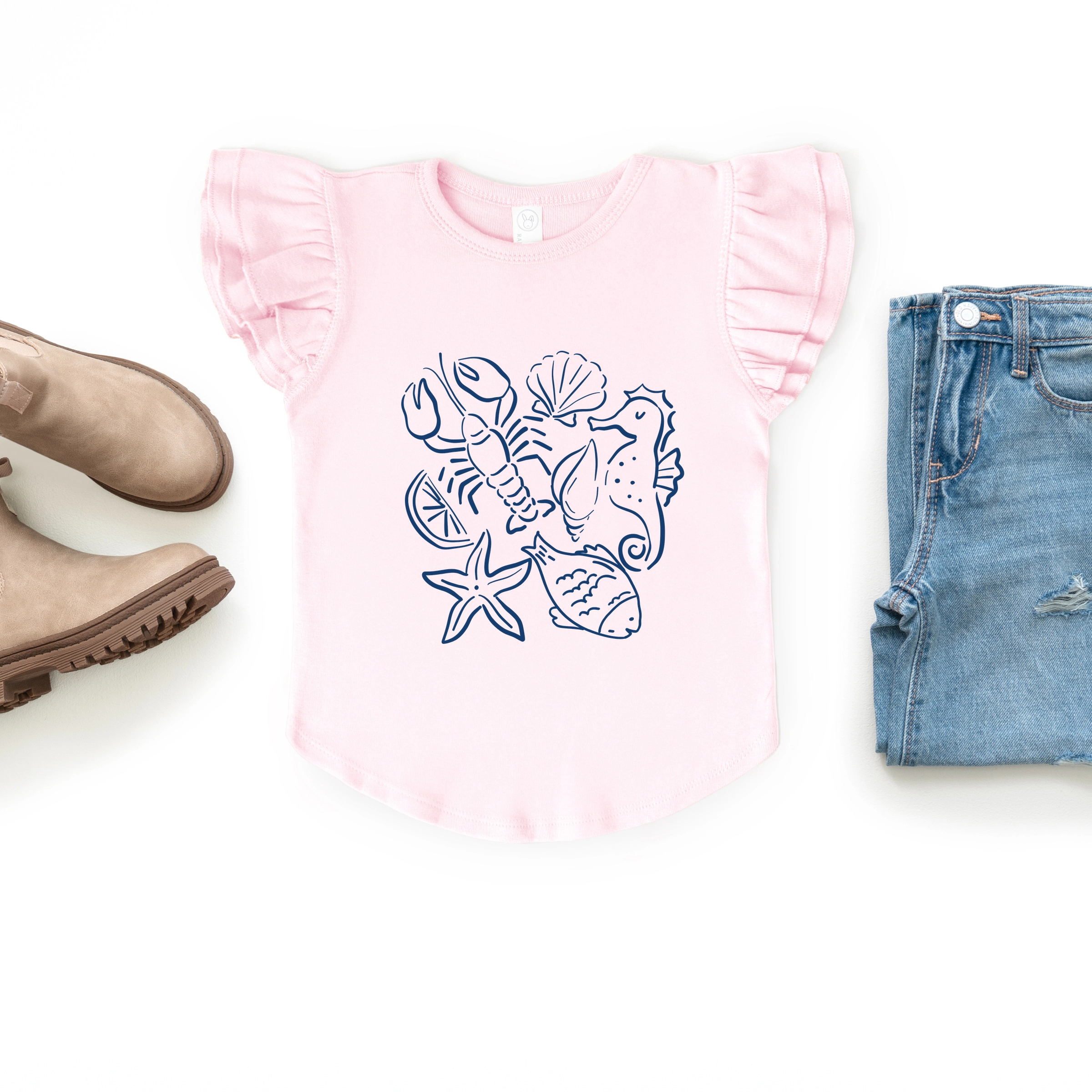 The Juniper Shop - Nautical Animals Outlined Flutter Sleeve Graphic T-Shirt