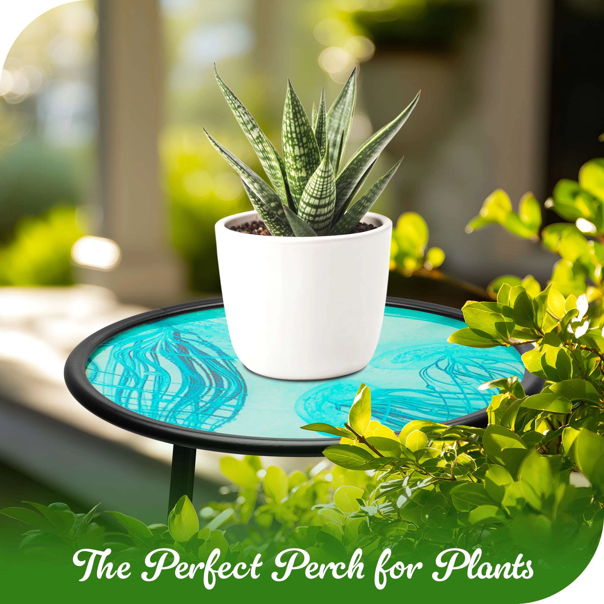 G128 14 in Round Glass Outdoor Side Table, Jellyfish Ocean Pattern - Foldable Metal Plant Stand for Patio Porch Garden