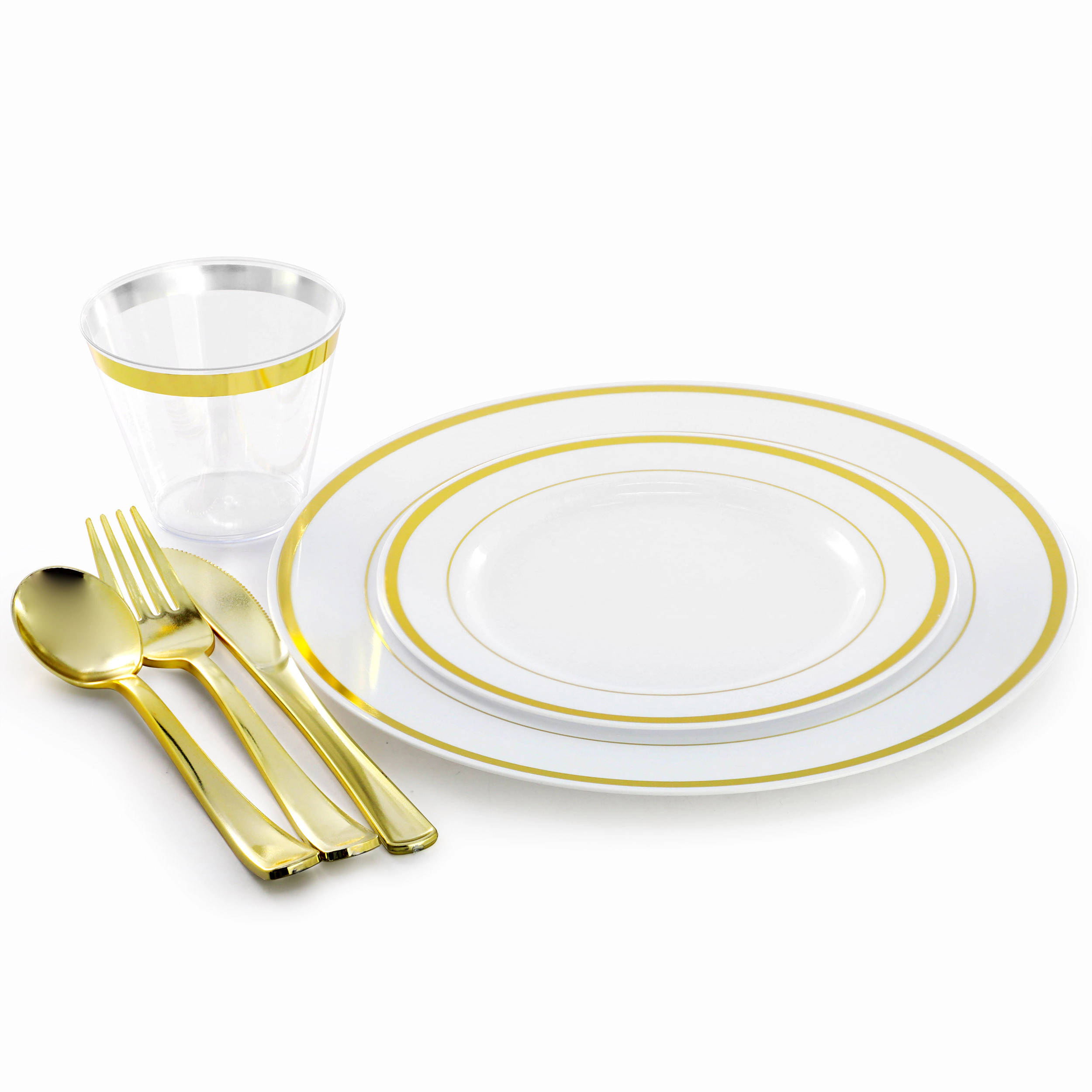 Elama 150 Piece Disposable Plastic Dinnerware Party Set for 25 Guests in White with Silver Trim