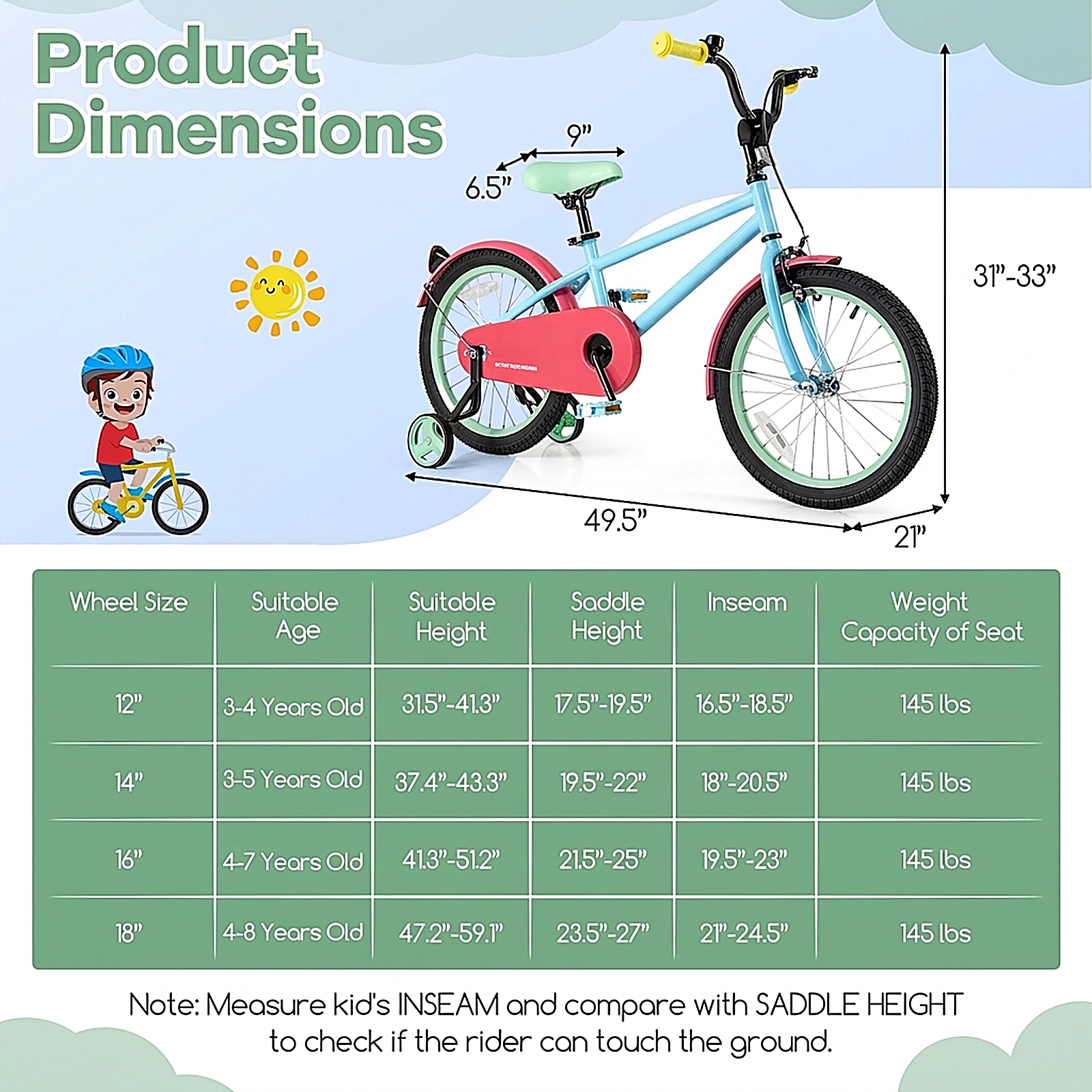 SUGIFT 18-in Blue Kids Bike with Training Wheels 3-in Adjustable Handlebar and Saddle 145-lb Rider Capacity