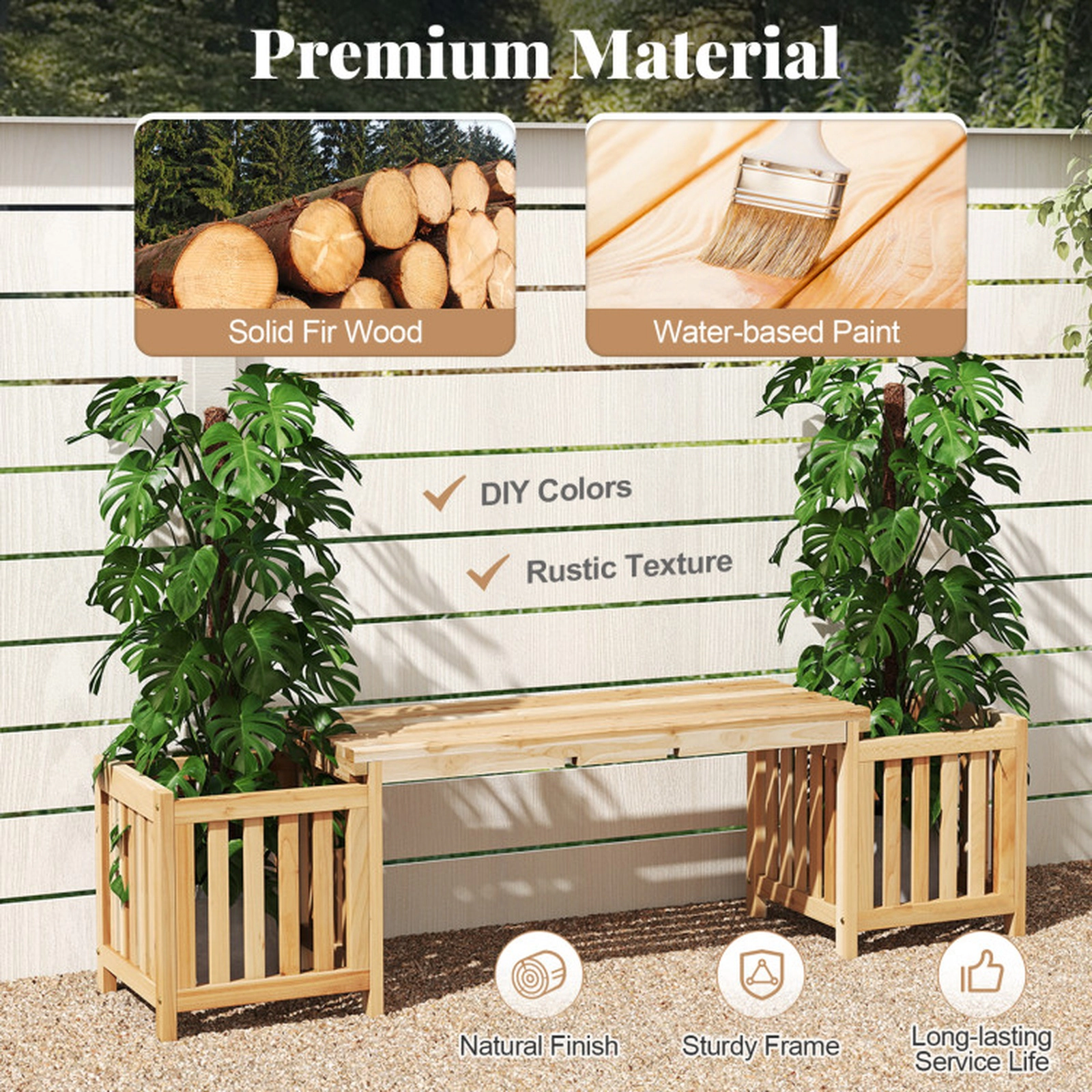 SUGIFT Natural 2 Planters 2-Person Garden Seat 68 Inch Patio Fir Wood Bench