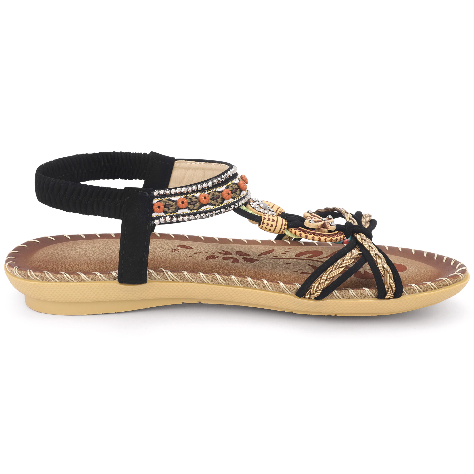 BLISSFUL STEP Women Bohemian Rhinestone Knot Flat Ankle Elastic Sandals