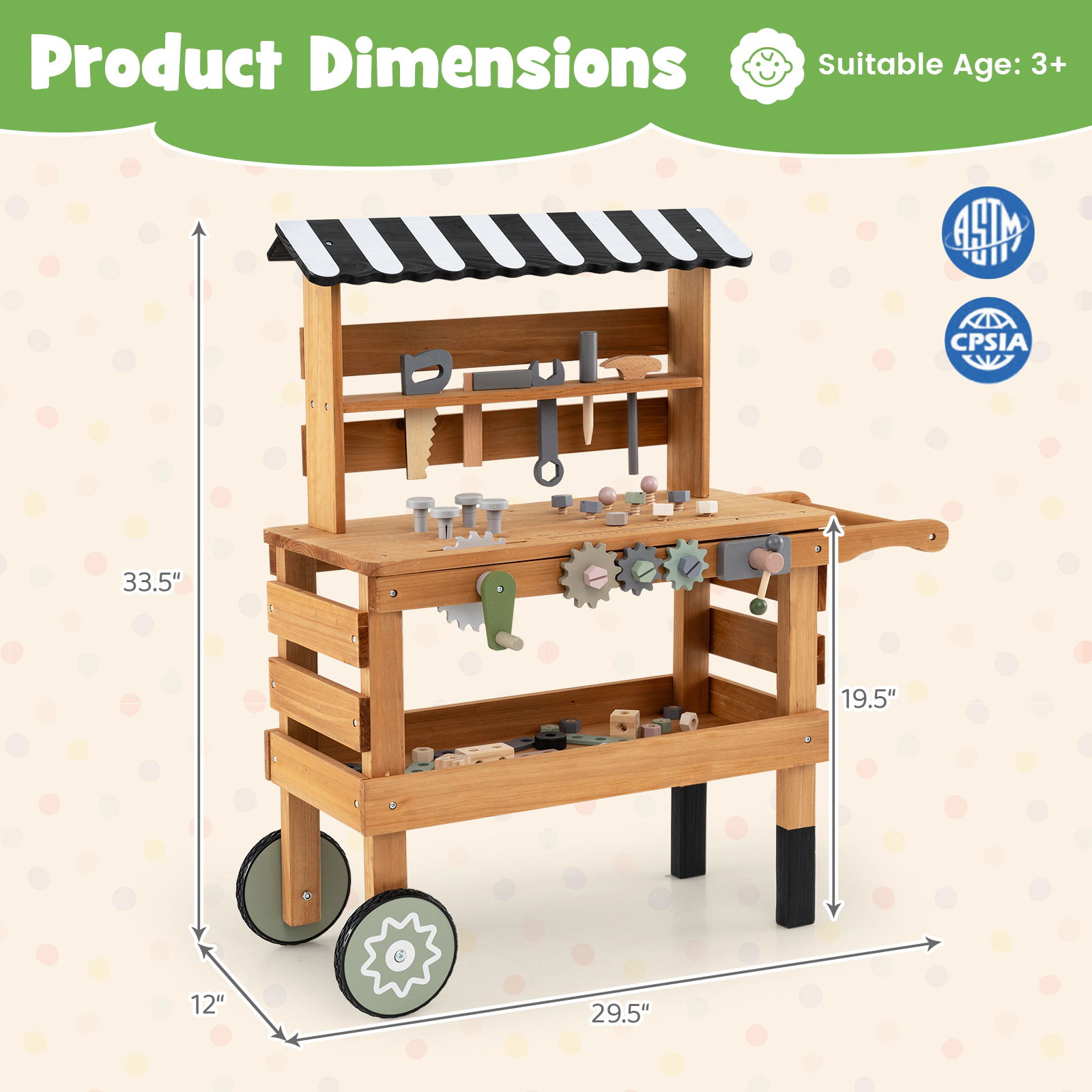 2-in-1 Kids Tool Bench and Rolling Cart with Play Tool Set and Anti-Slide Baffles 29.5-in x 12-in x 33.5-in Brown