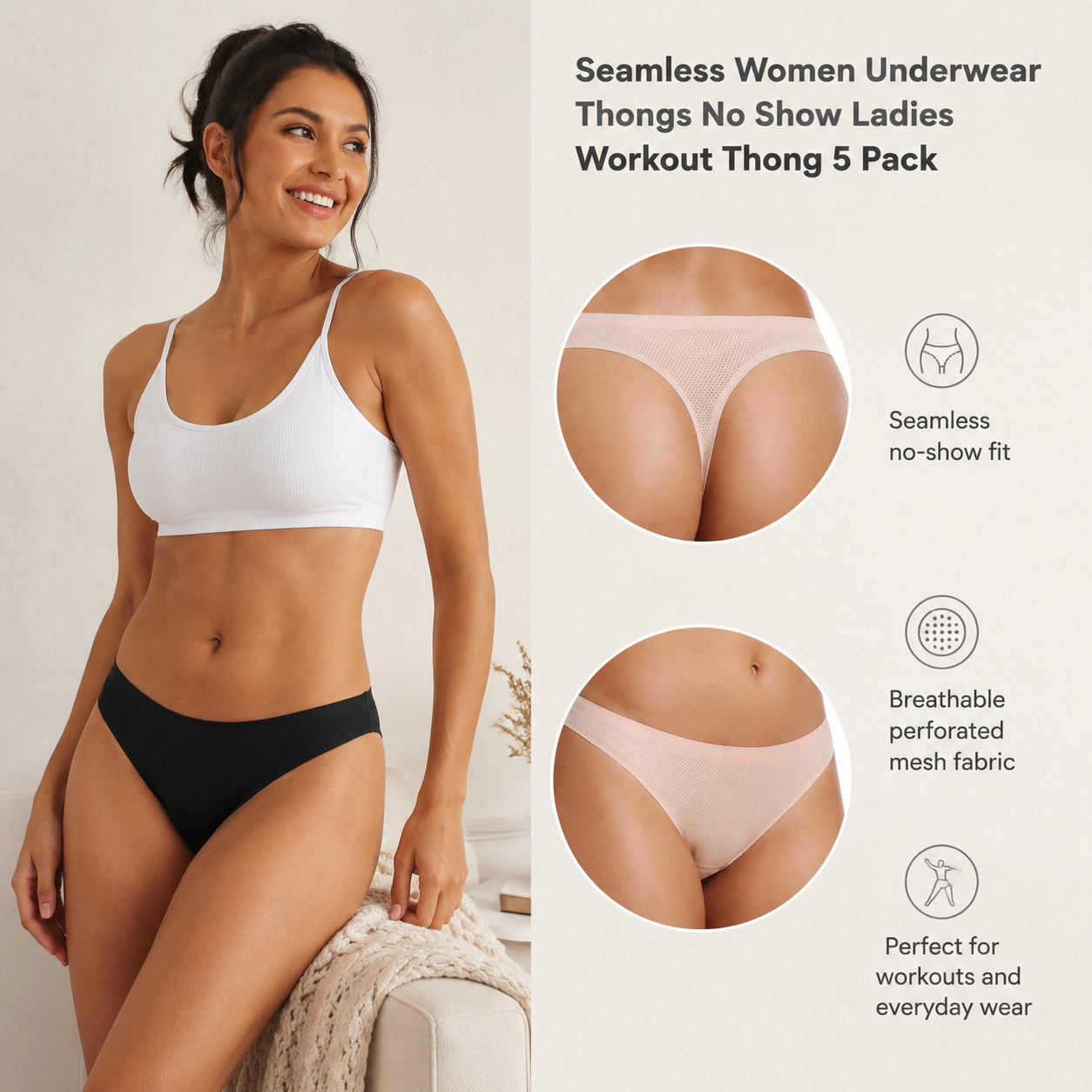 WZK Womens 5-Pack Seamless No Show Workout Soft Breathable Thong Underwear