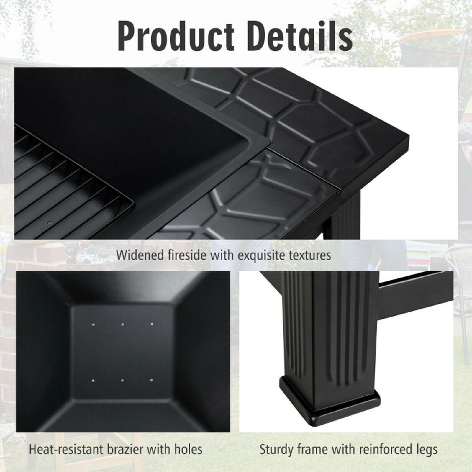 SUGIFT 3-in-1 Square Black Fire Pit Table with Grill Grate 32-in W 32-in D 19.5-in H 22-lb Fire Bowl Capacity