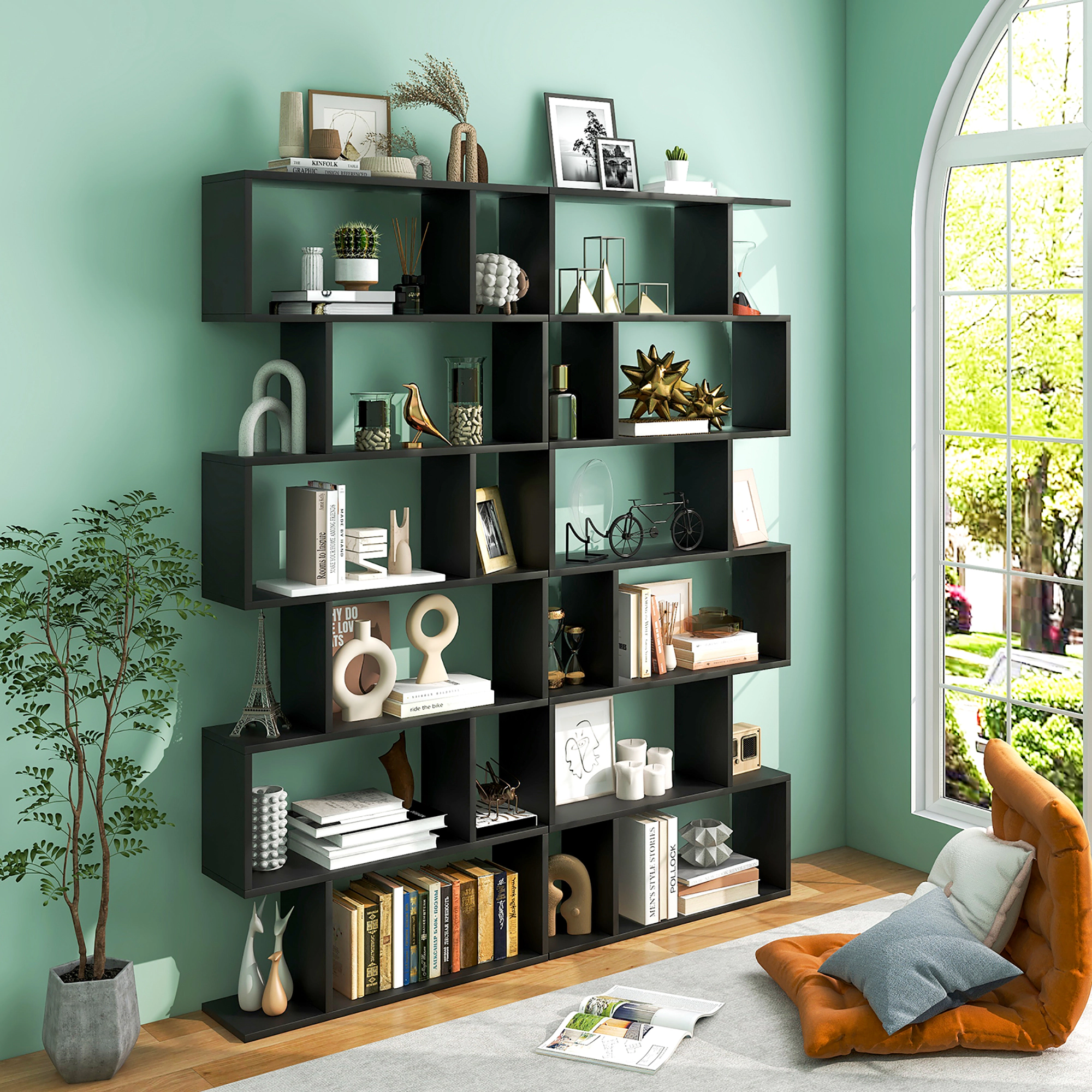 Costway 2 PCS 6 Tier S-Shaped Bookshelf Storage Display Bookcase Z-Shelf White
