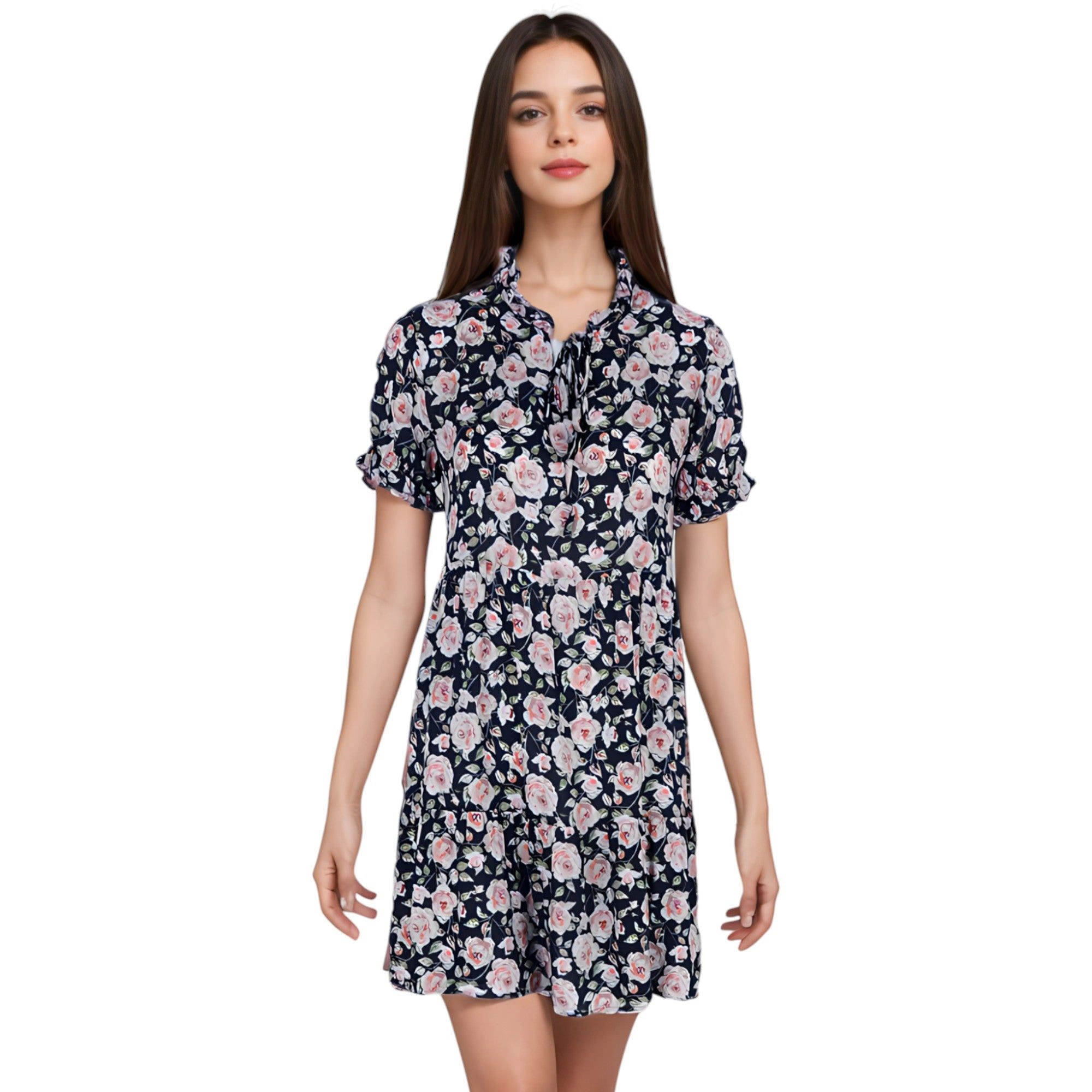 Anna-Kaci Women's Summer Boho Ruffle Sleeve Floral Print Tie Neck Dress