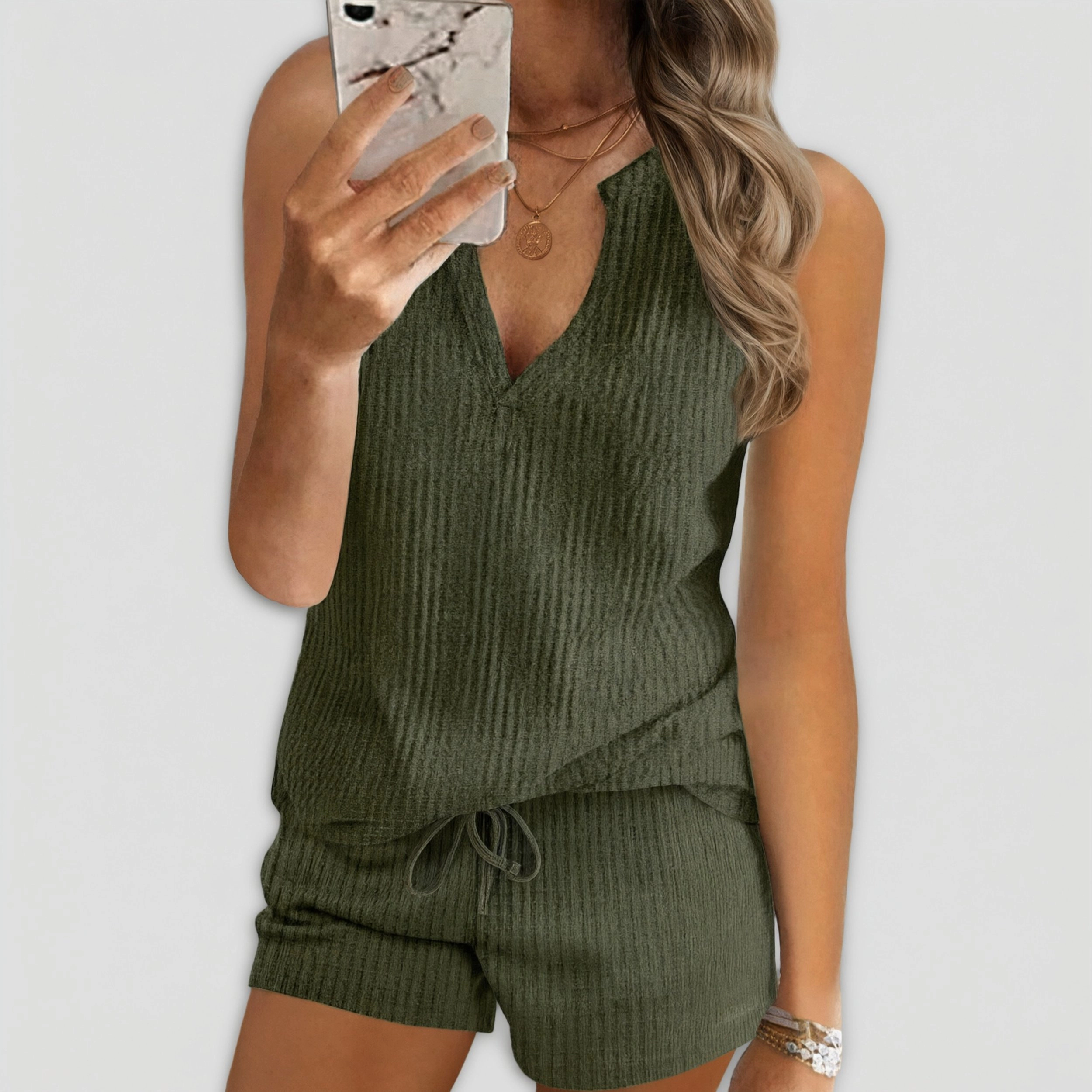 Ekouaer Pajamas Tank Top and Shorts Lounge Sets Waffle Knit V Neck Pj Short Casual Outfits