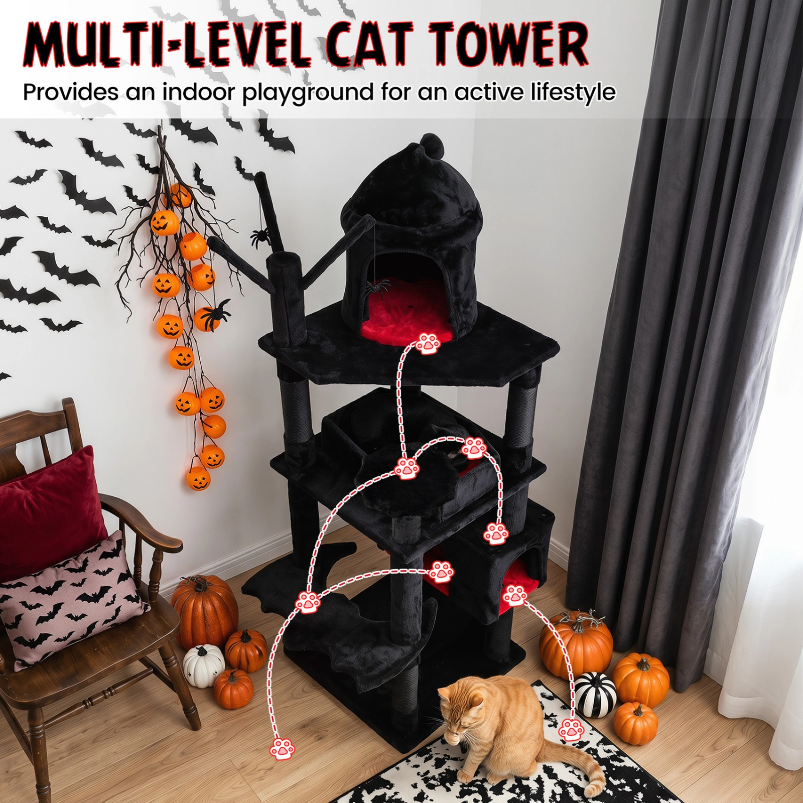 SUGIFT 70 in Gothic Cat Tree Black and Red with Castle Condo Coffin Bed and Anti-Tipping Kit