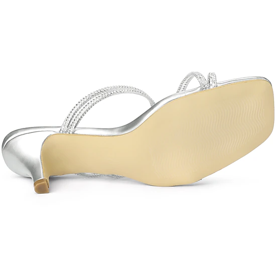 BLISSFUL STEP Women's Rhinestone Strappy Square Toe Kitten Heel Slide Sandals