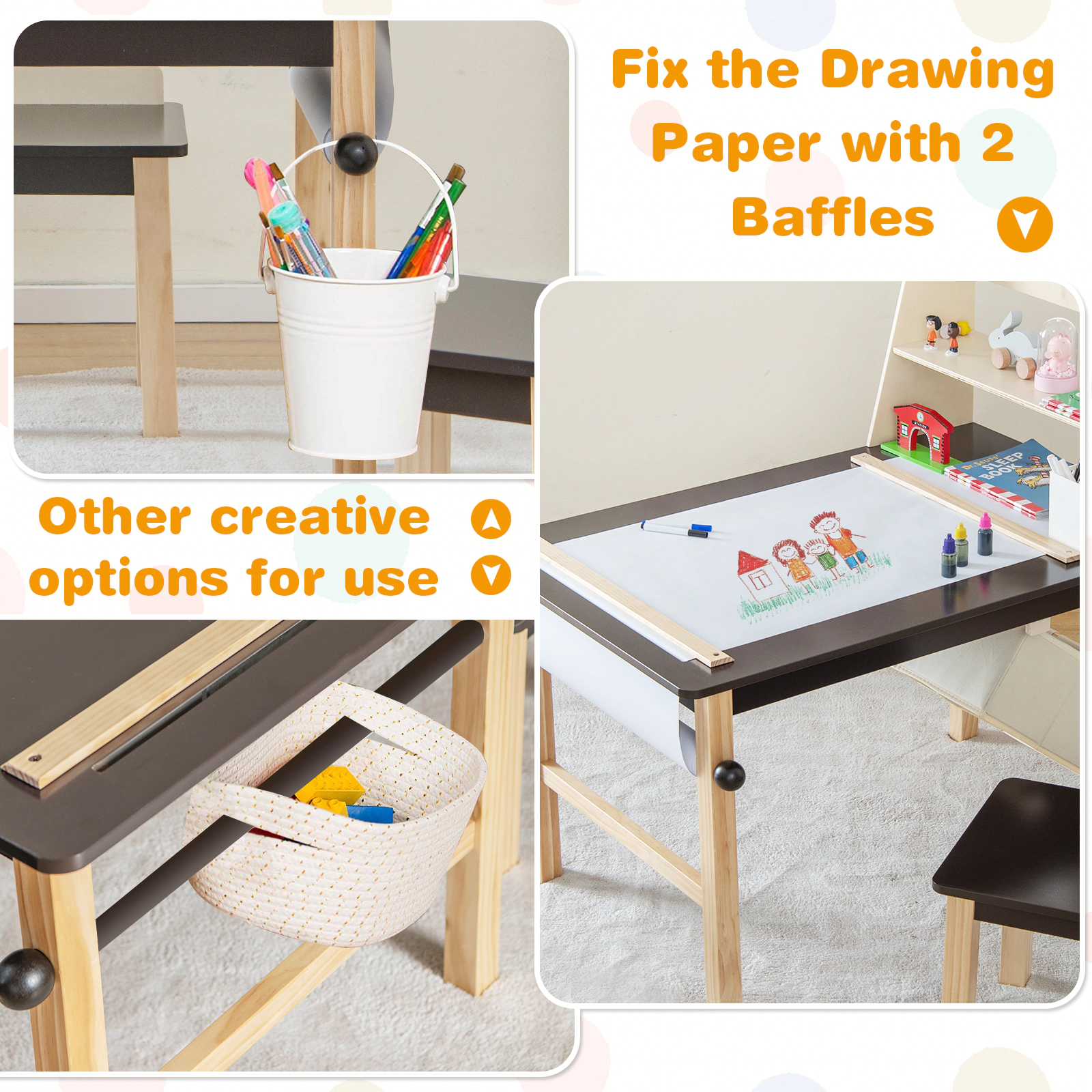 SUGIFT Kids Art Table and 2 Chairs Set Coffee with Paper Roll and Storage Bins