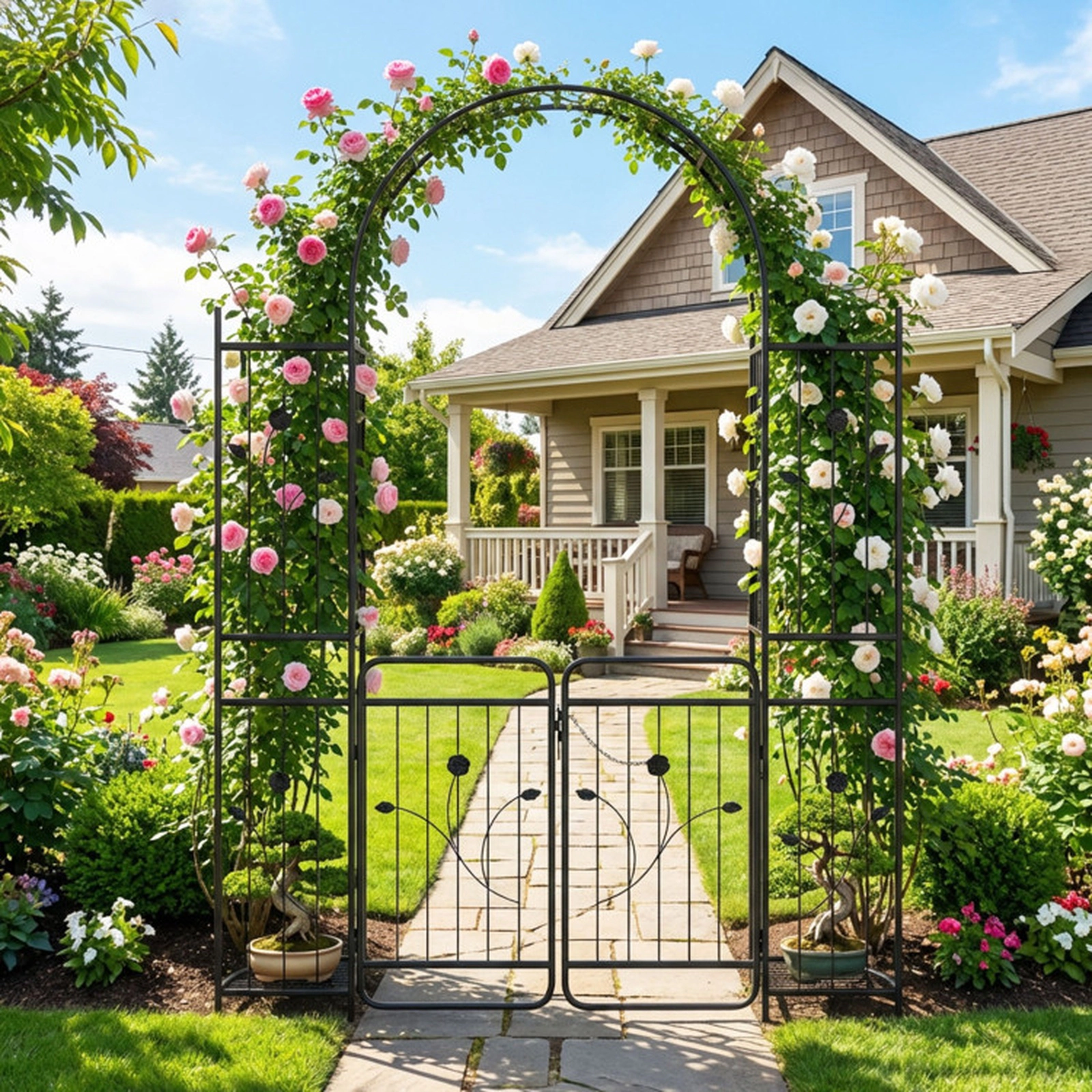 SUGIFT Black Metal Garden Arch with Lockable Gate 2 Planter Shelves and 6 Ground Stakes 64-in W 20-in D 87-in H