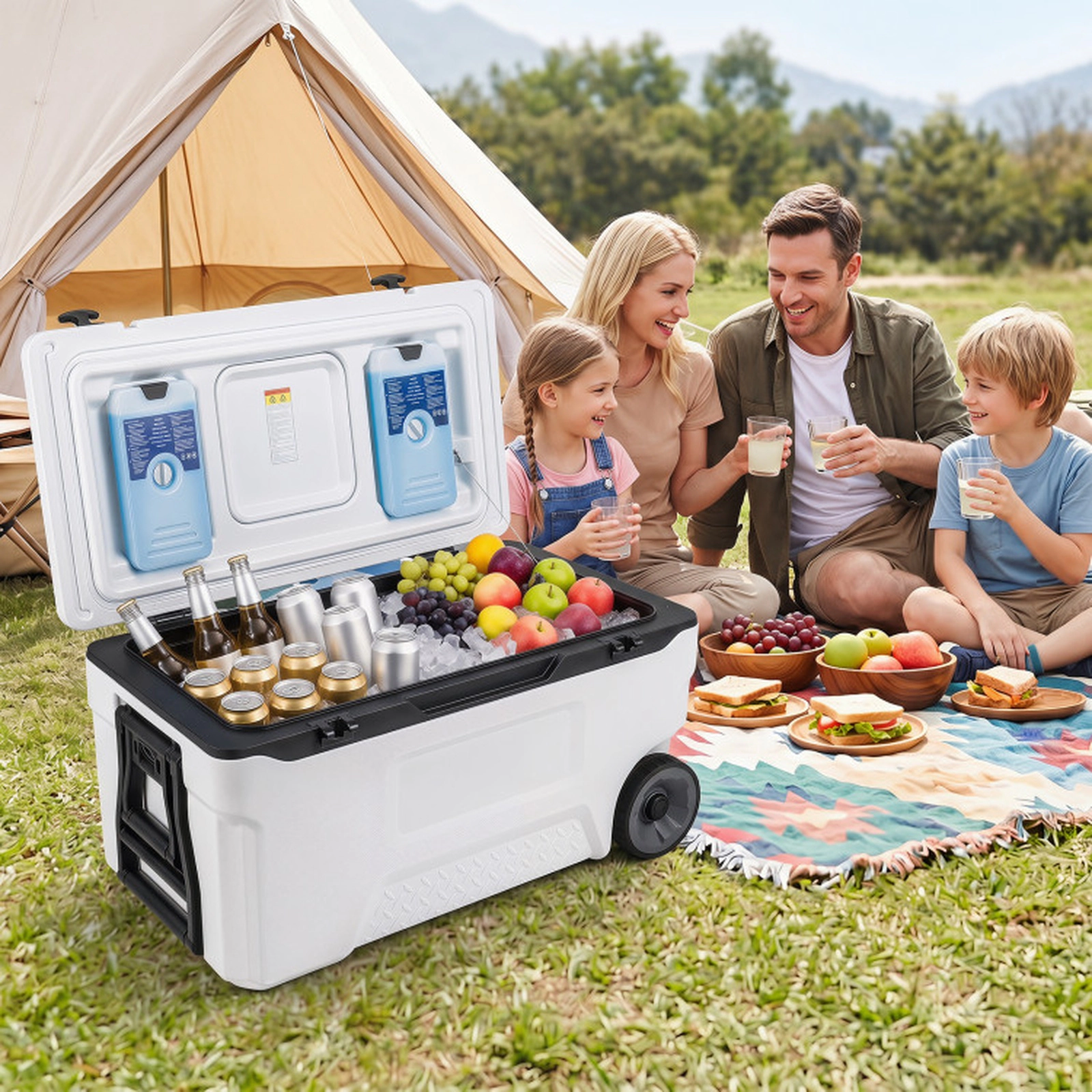 SUGIFT 74-qt White Rolling Cooler Ice Chest with Fish Ruler 4 Cup Holders Bottle Opener and Flip-Up Window